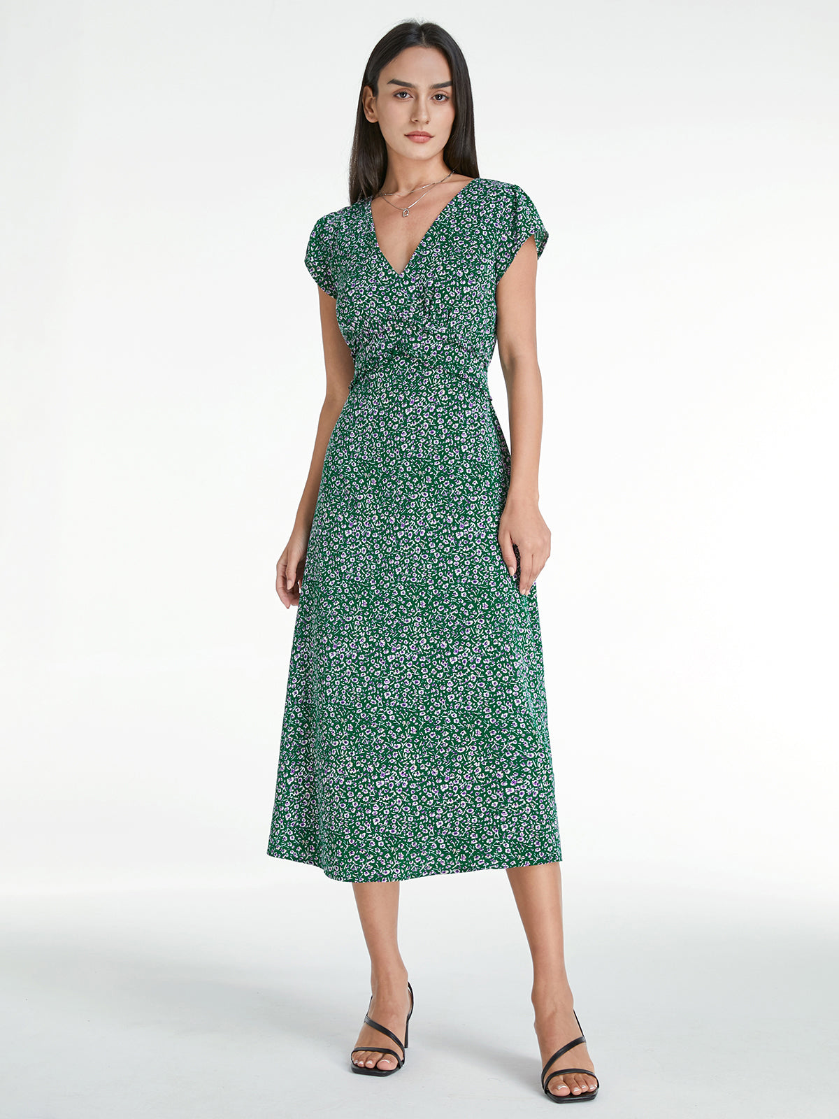 Thecomense - Cap Flutter Sleeve V-Neck Floral Tie Strap Dress