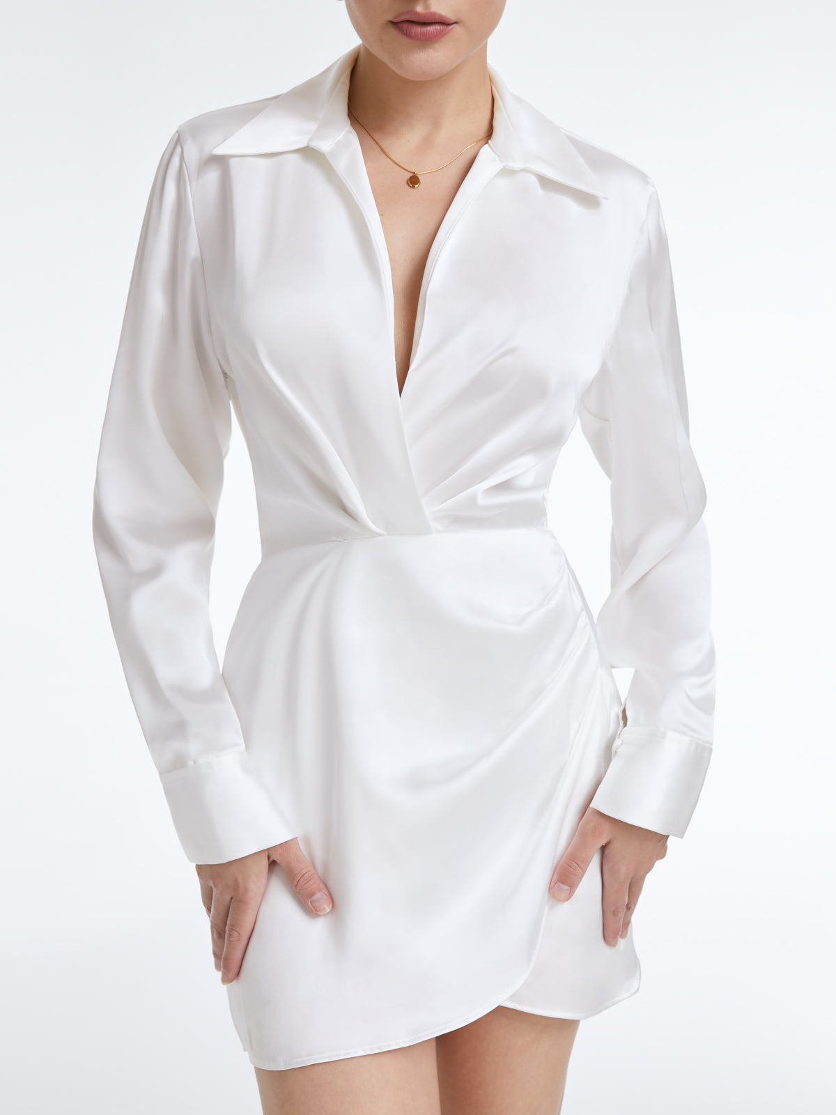 Thecomense - Satin Waist Cinch Collared Mini Overlay Dress