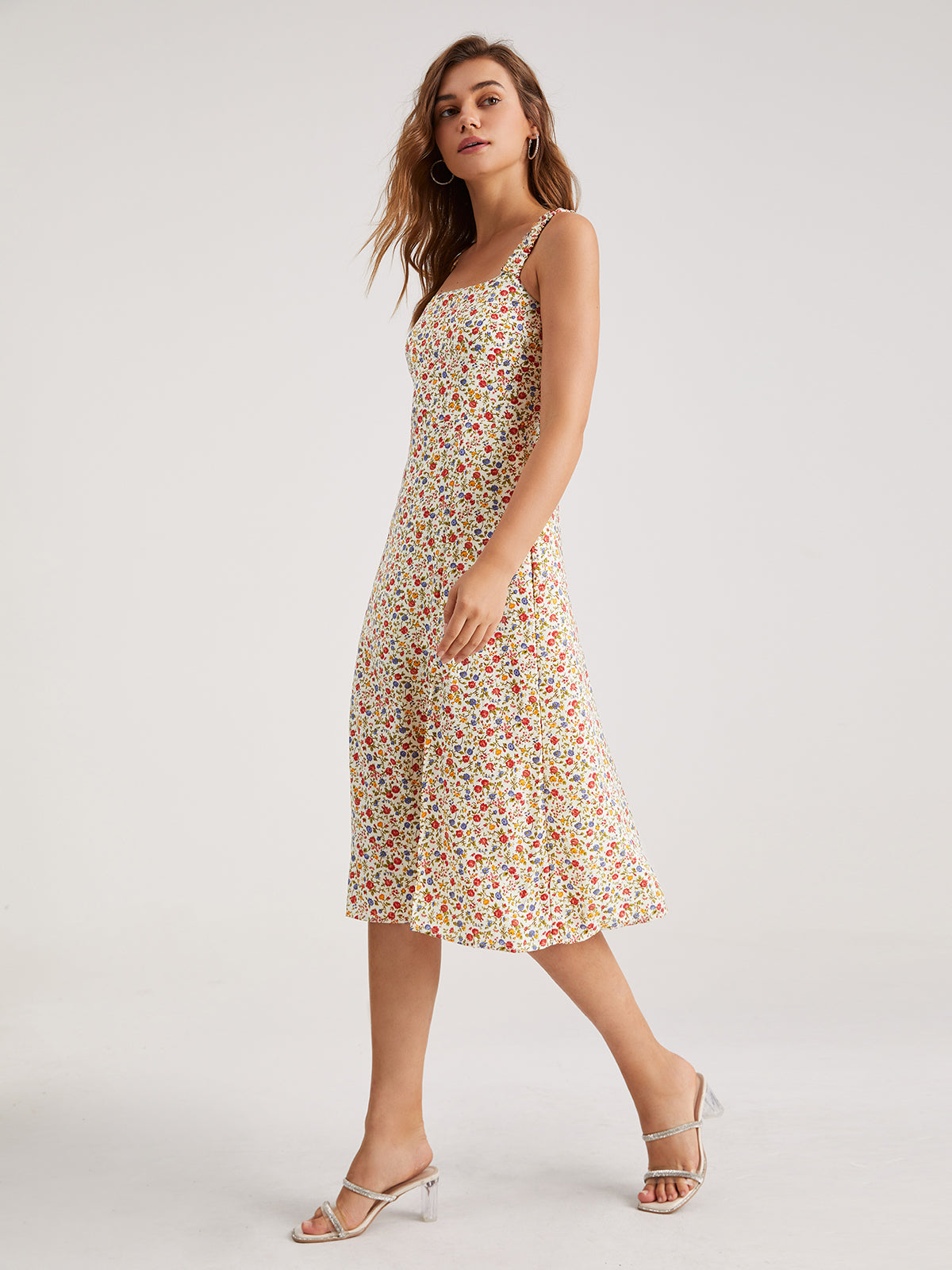 Thecomense - Sweetheart Light Floral Slit Midi Dress