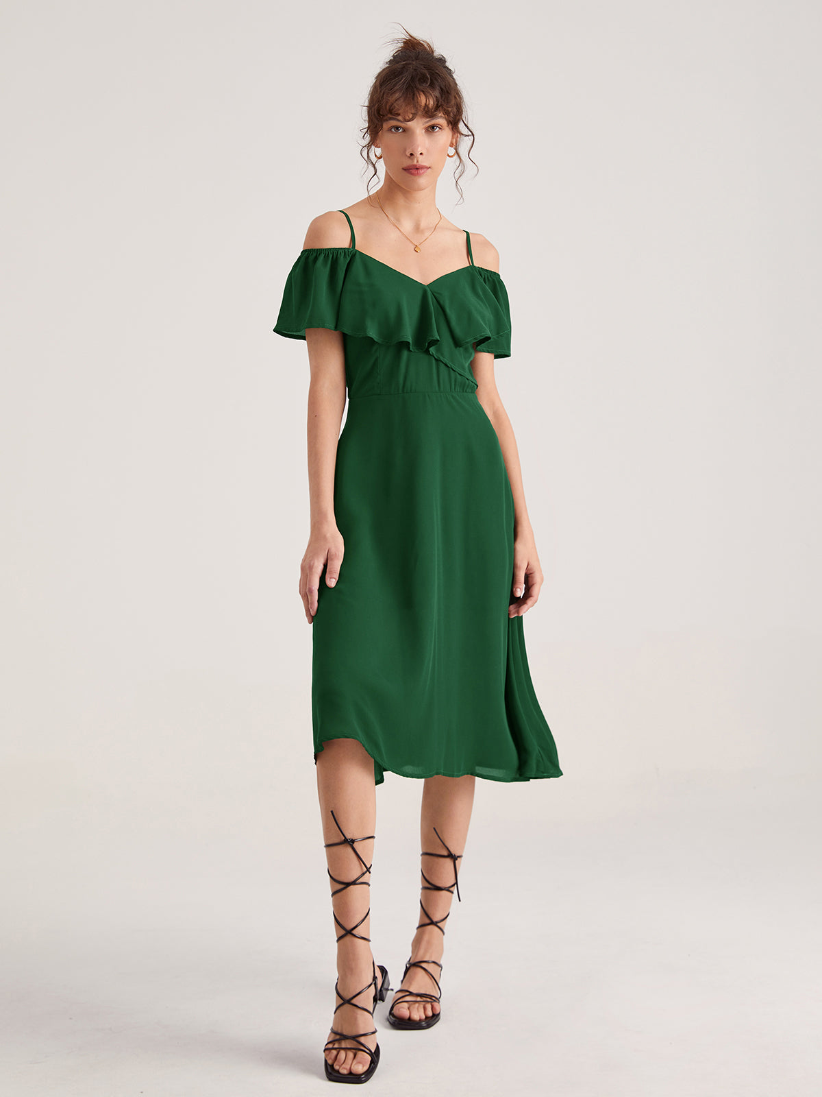 Thecomense - Emerald Green Strap Ruffle Midi Dress