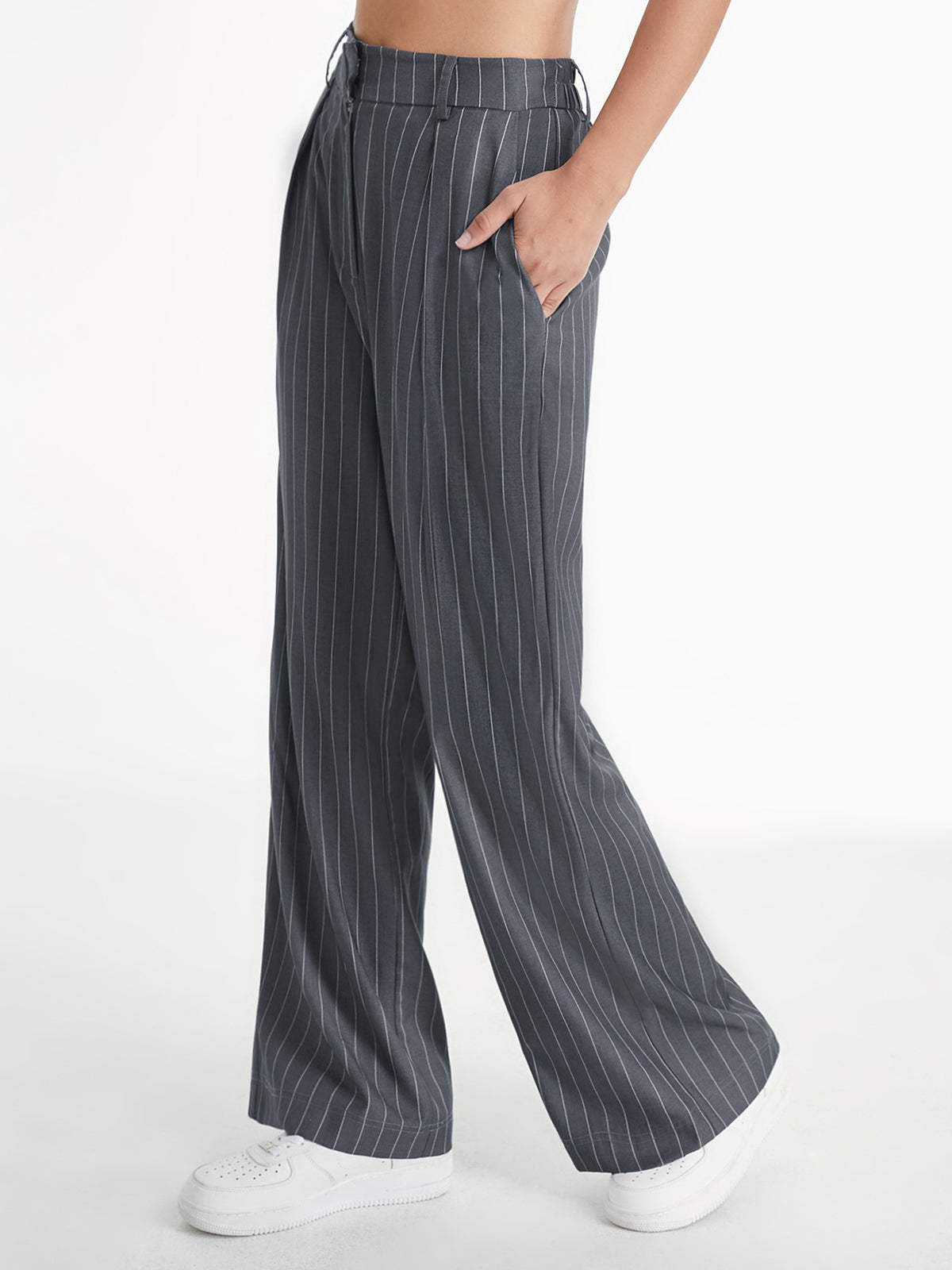Thecomense - High Waisted 90s Pinstripe Pleat Front Wide Leg Trousers