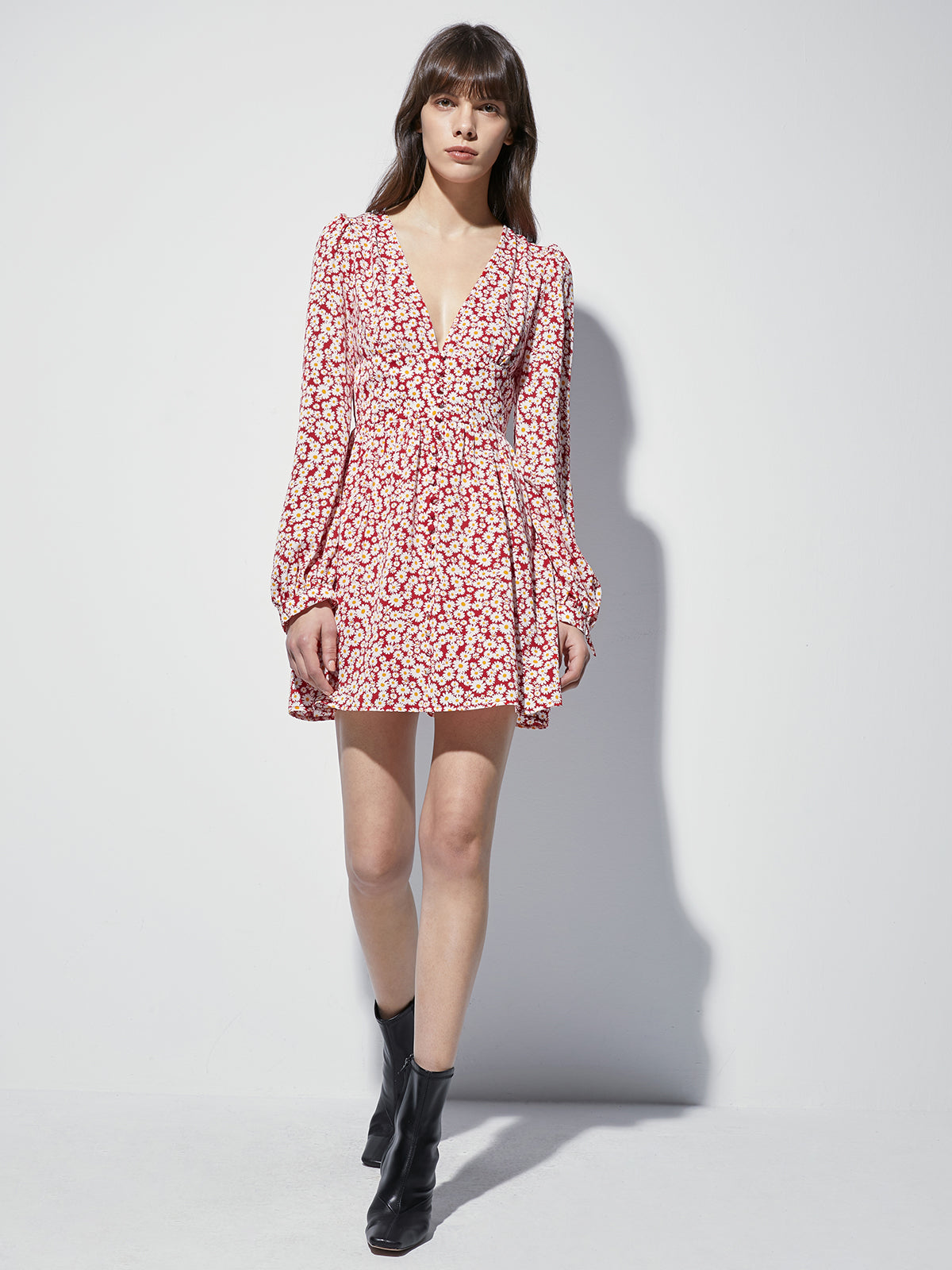 Thecomense - Long Sleeve Mini Floral V Neck Cinched Mini A Line Dress