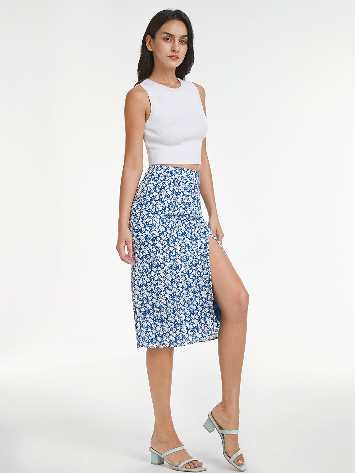 Thecomense - High Waisted Light Floral Midi Slit Skirt