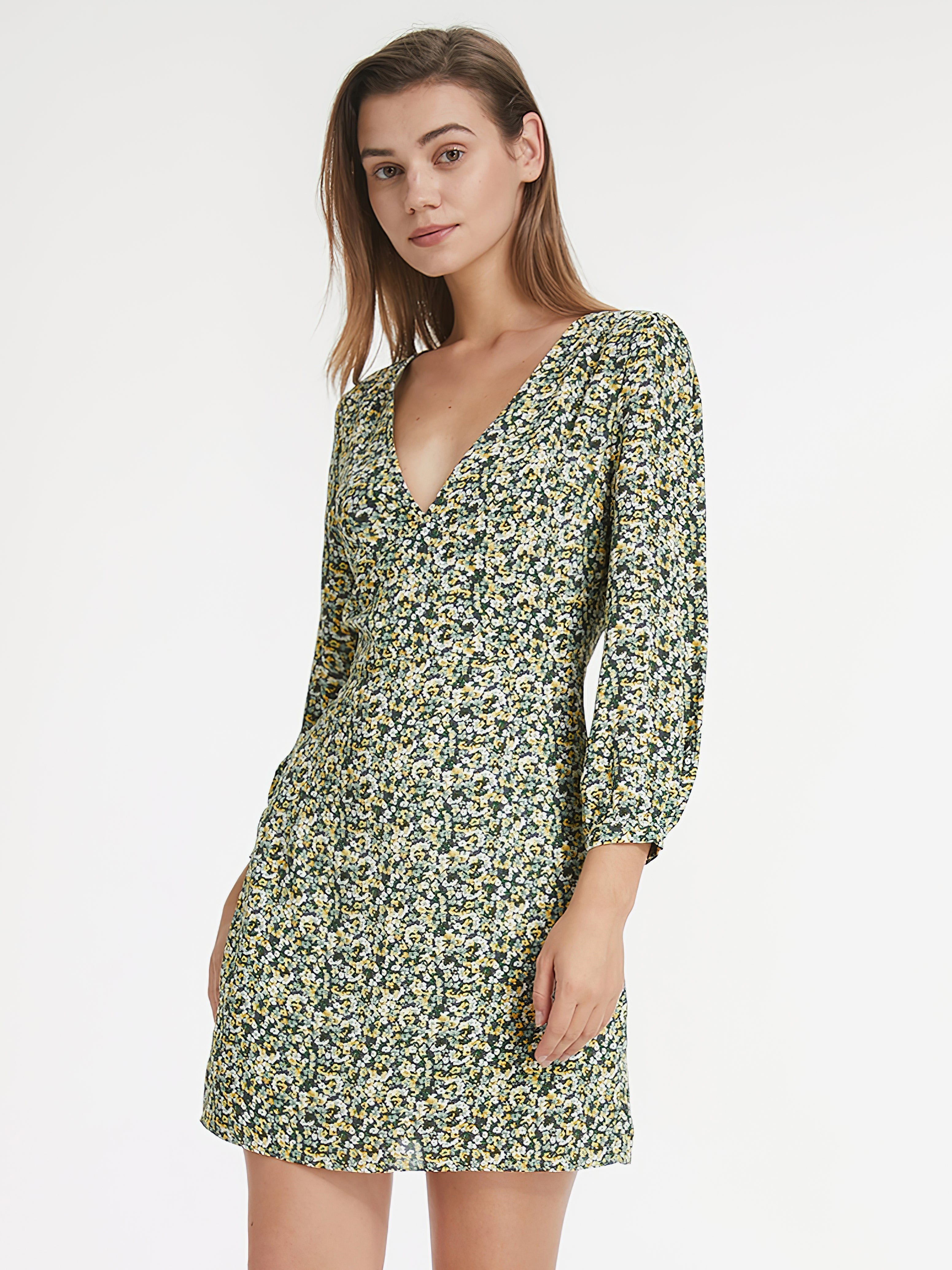 Thecomense - Mini Garden Floral Long Sleeve V Neck Mini Dress