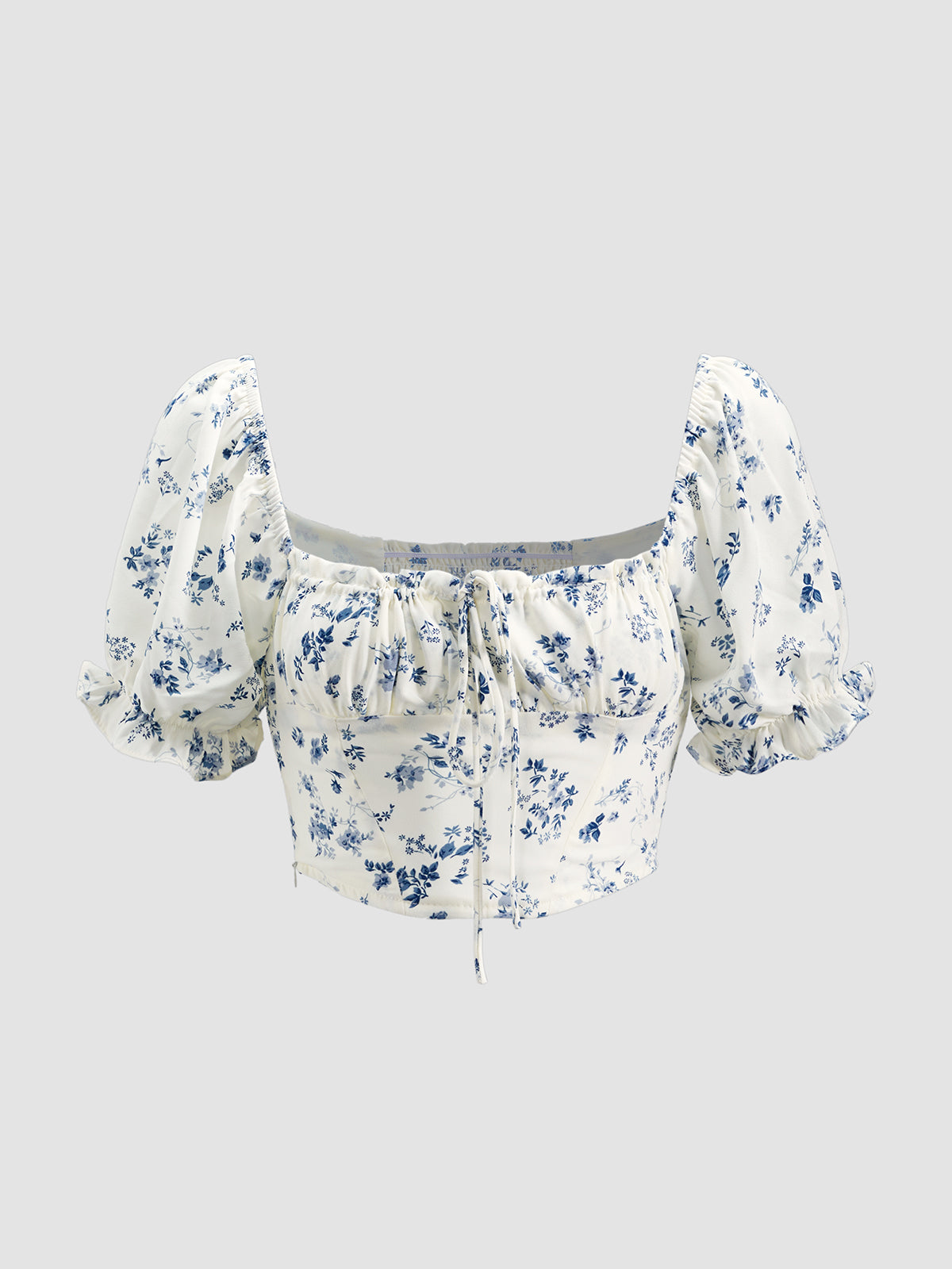 Thecomense - Short Puff Sleeve Floral Tie Front Top