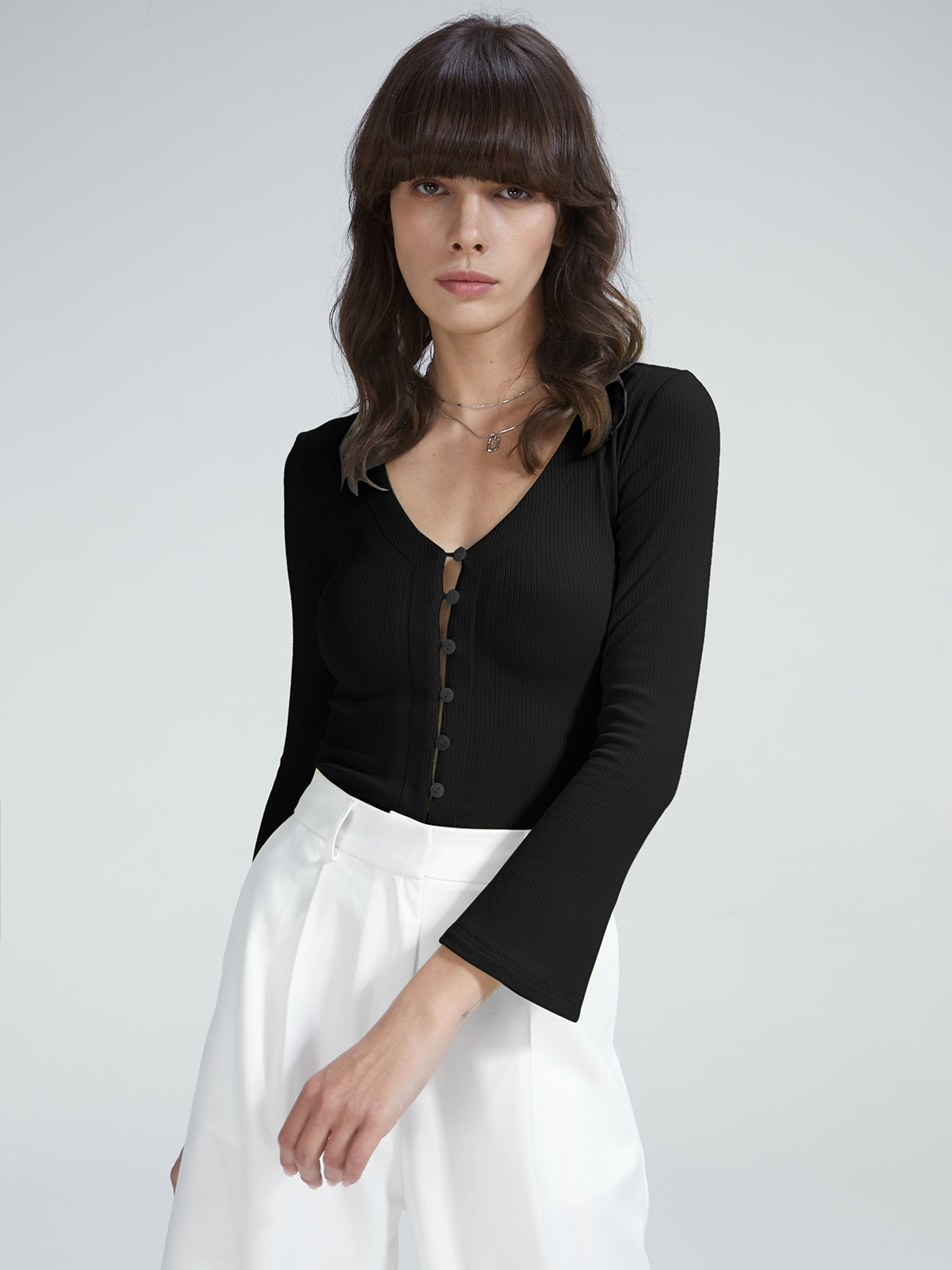 Thecomense - Scoop Neck Button Front Long Sleeve Top