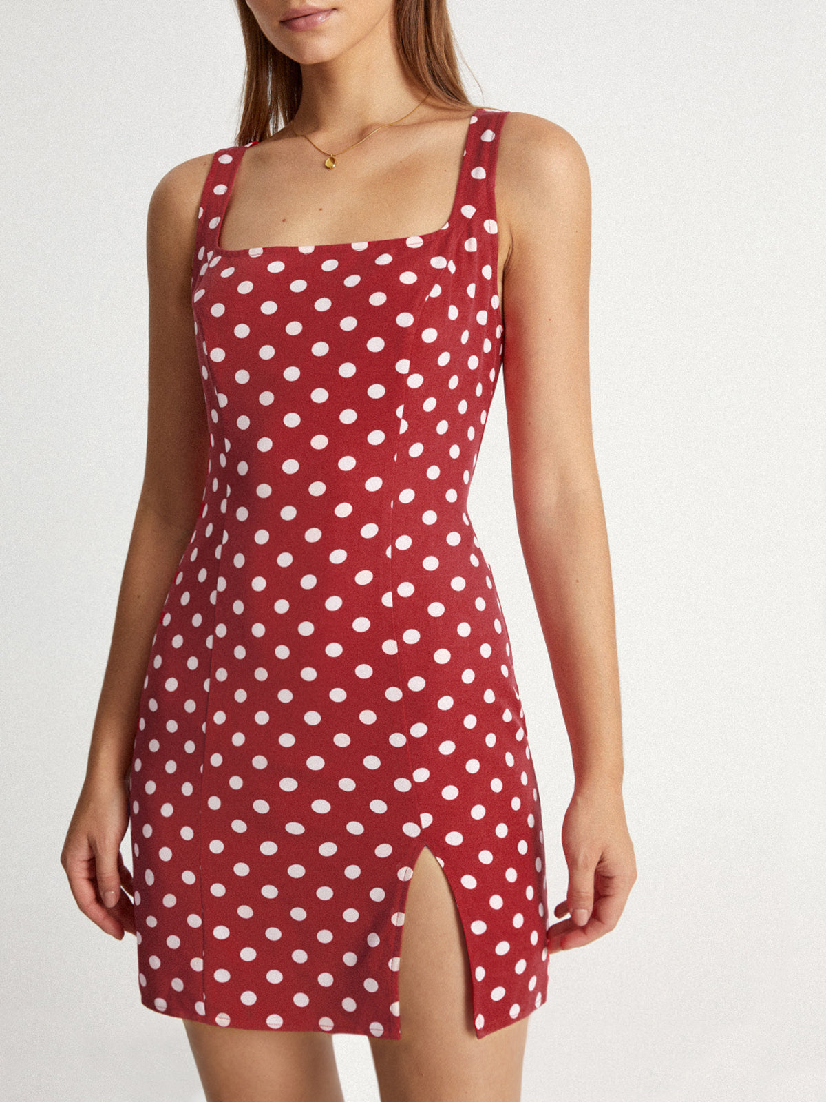 Thecomense - Square Neck Polka Dot Mini Strap Contour Dress
