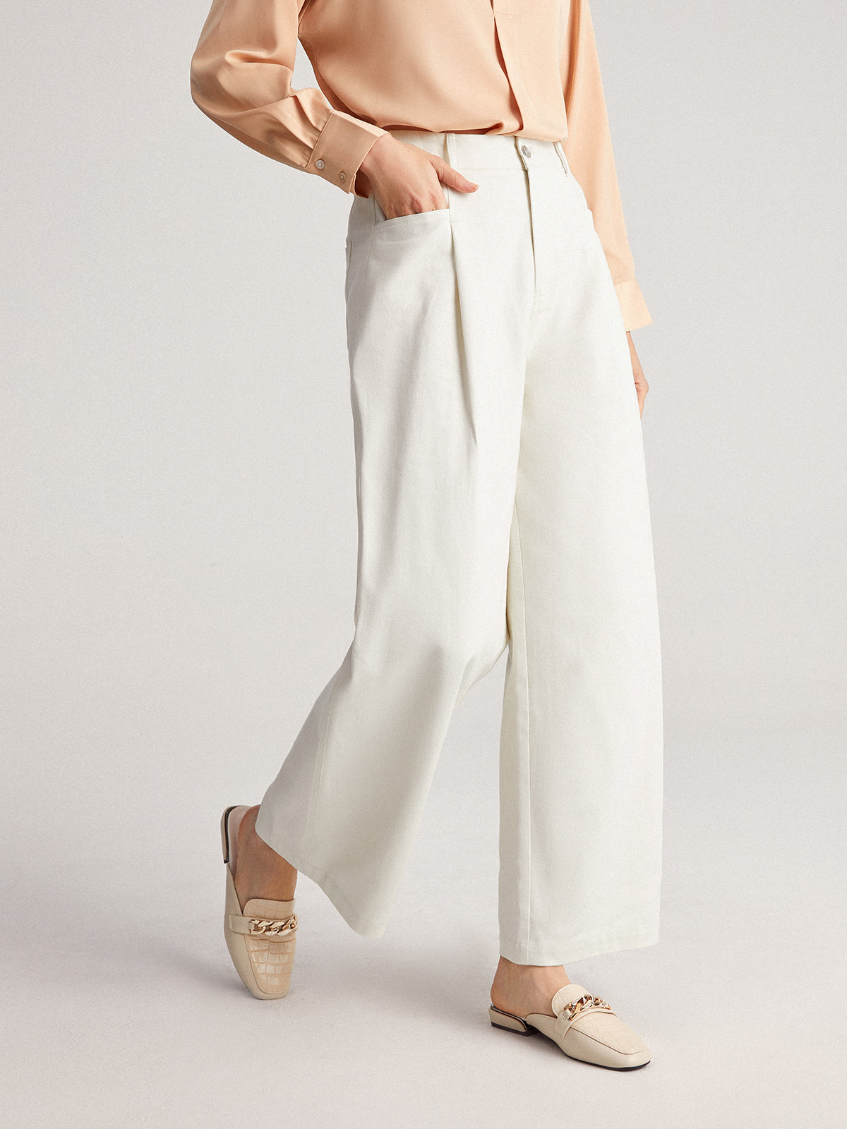 Thecomense - Gossamer High Waisted Wide Leg White Jeans