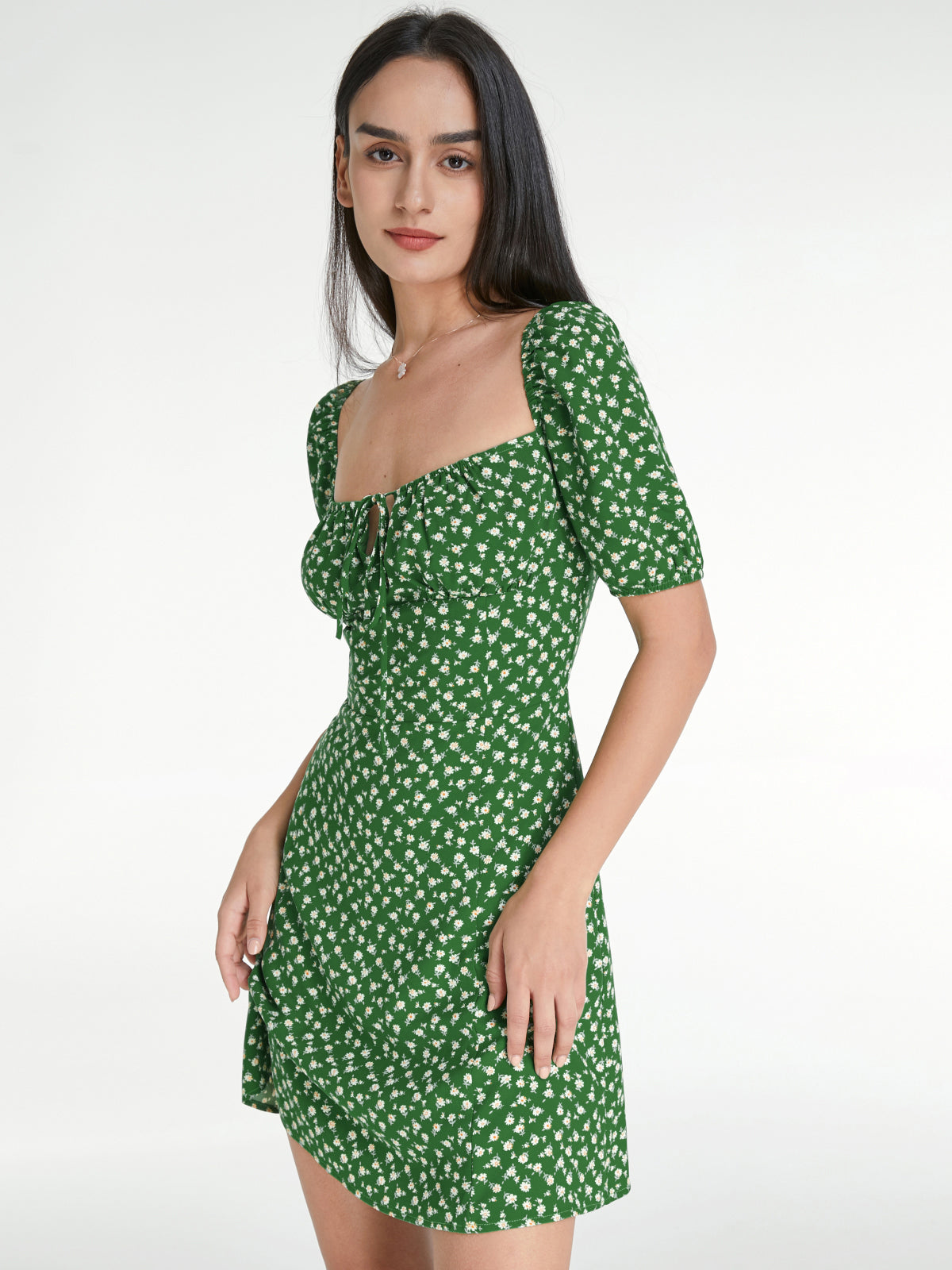 Thecomense - Square Neck Short Puff Mini Floral Mini A Line Dress