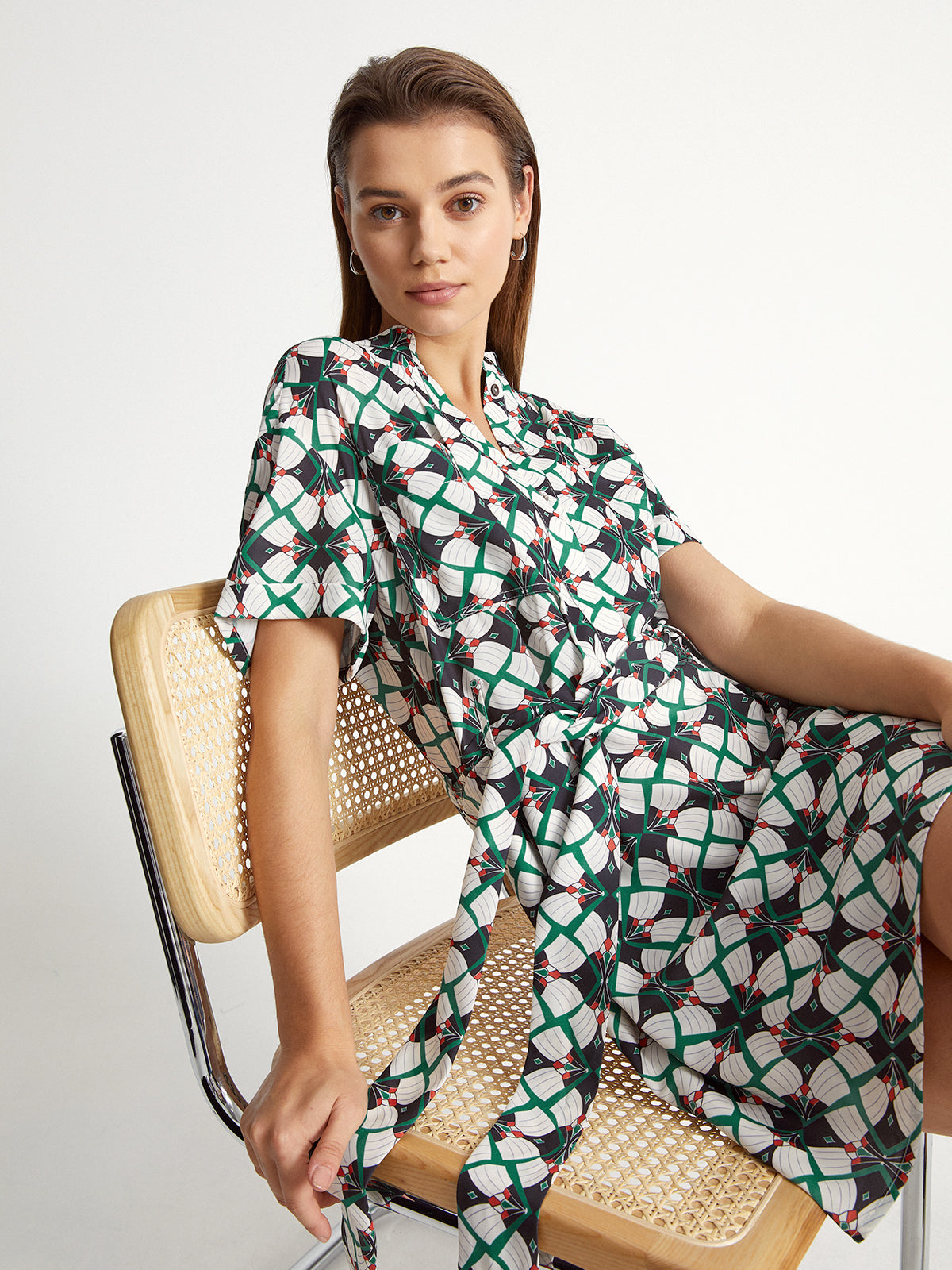 Thecomense - Kaleidoscope Button Up Short Sleeve Belt Tie Dress