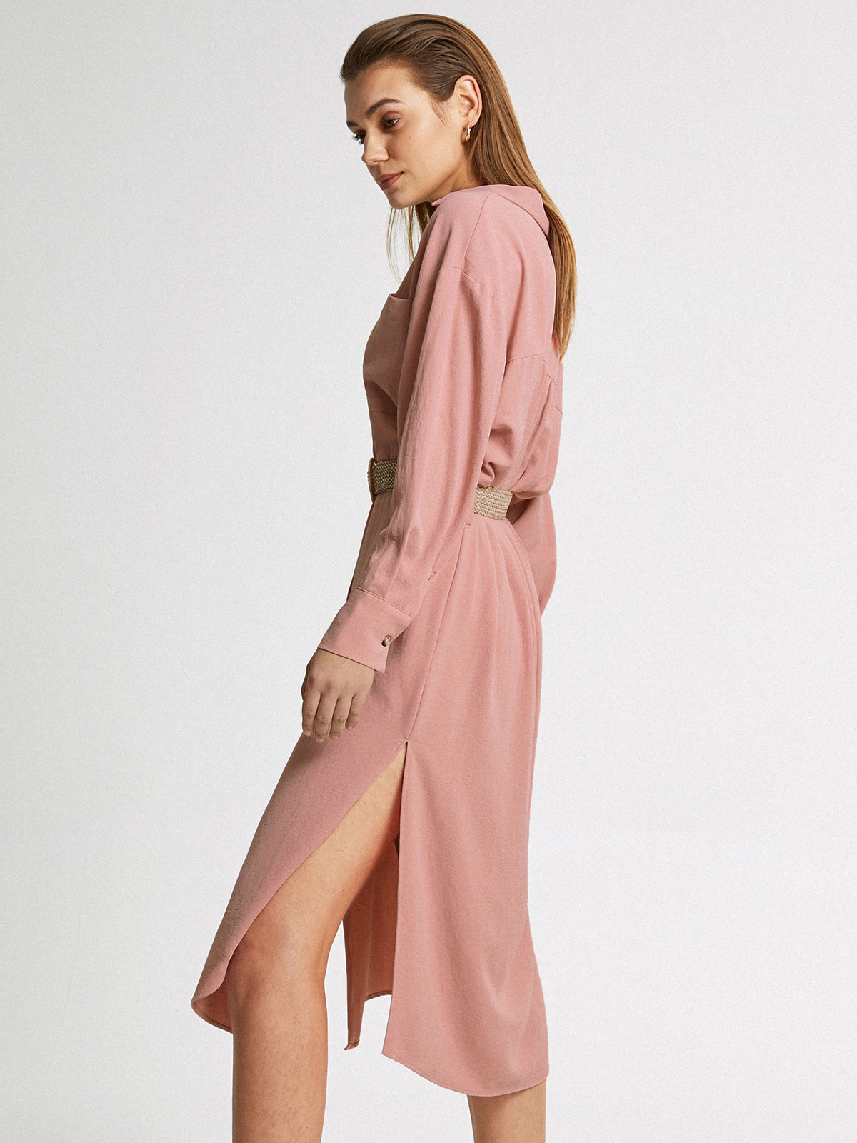 Thecomense - Long Sleeve Button Front Belted Midi Shirt Dress Without Belt