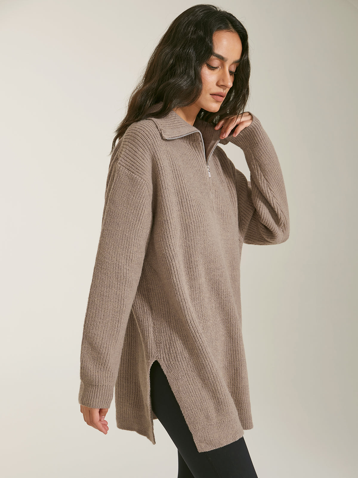 Thecomense - Oversized Quarter Zip Ribbed Sweater