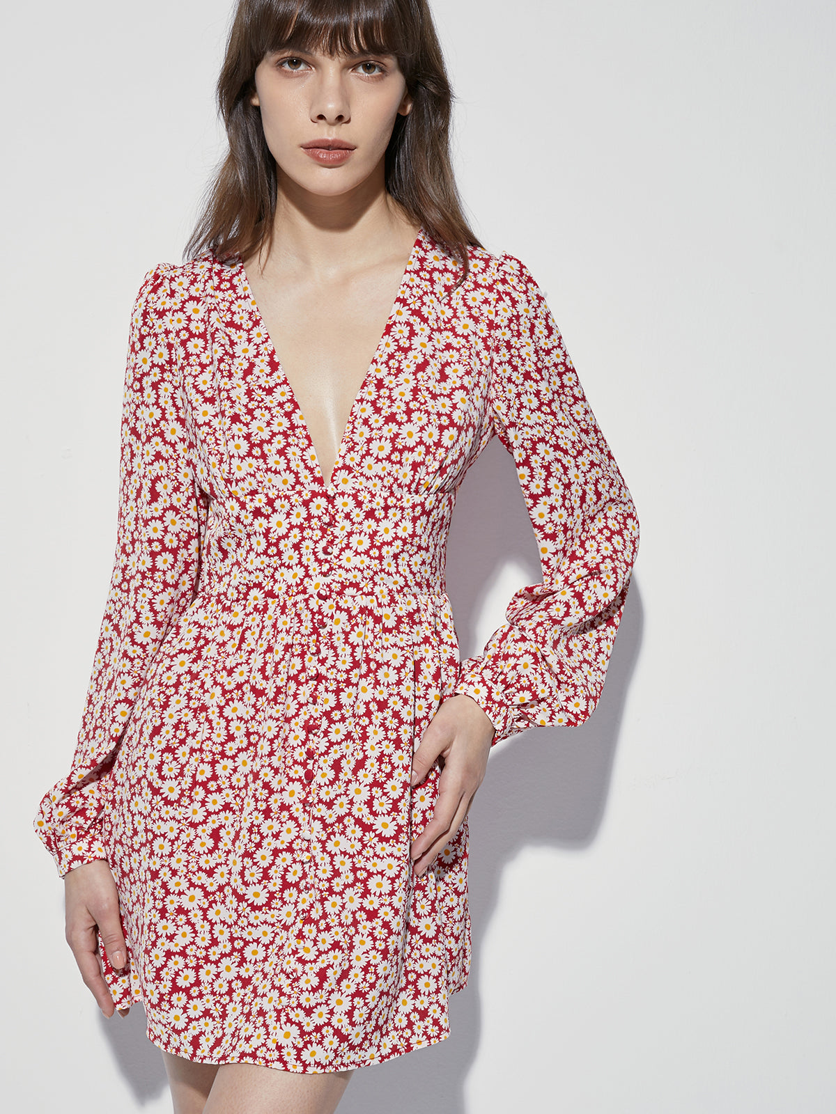 Thecomense - Long Sleeve Mini Floral V Neck Cinched Mini A Line Dress