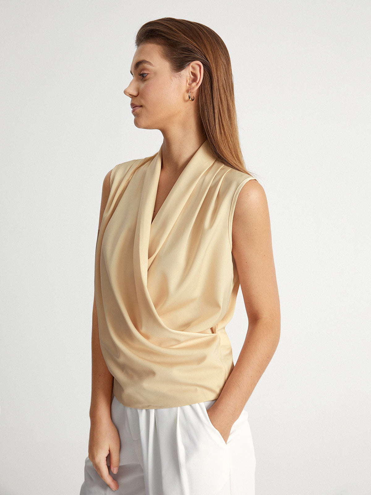 Thecomense - Sleeveless Shoulder Pleat Wrap Top