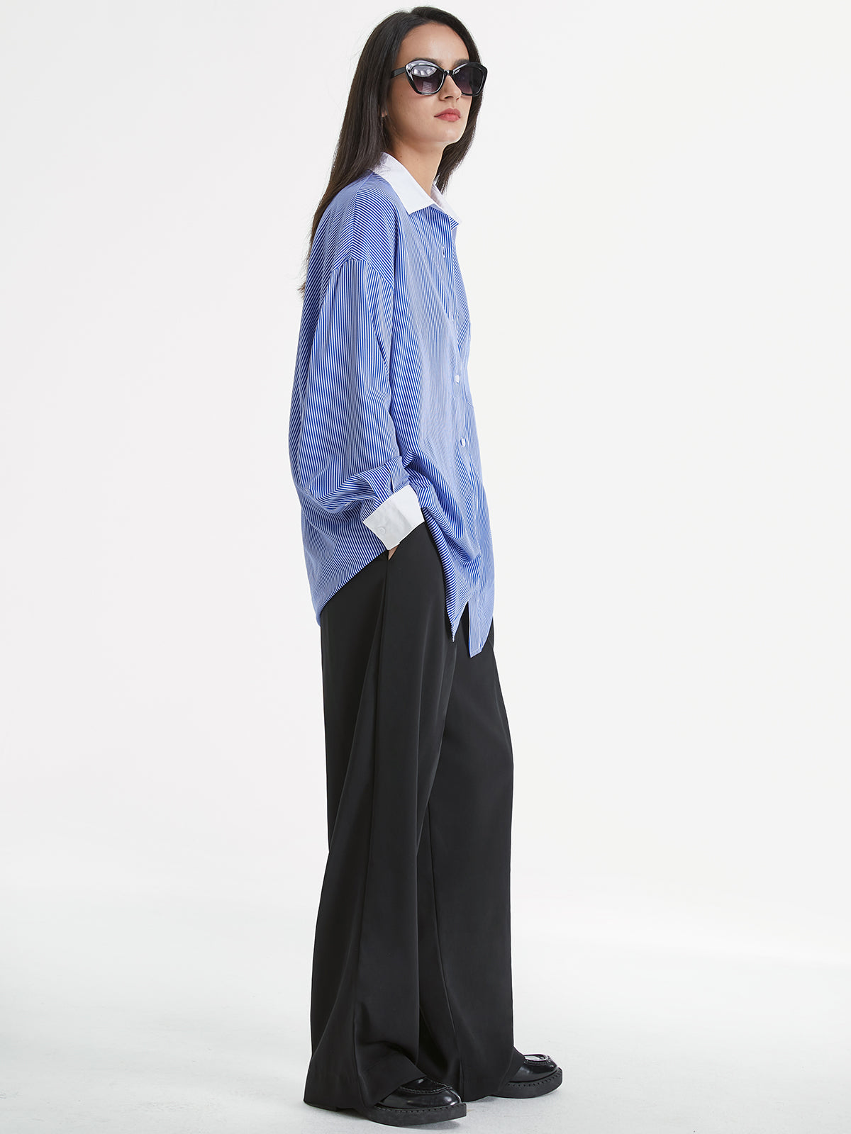 Thecomense - Striped Contrast Collar Cuff Oversized Dress Shirt