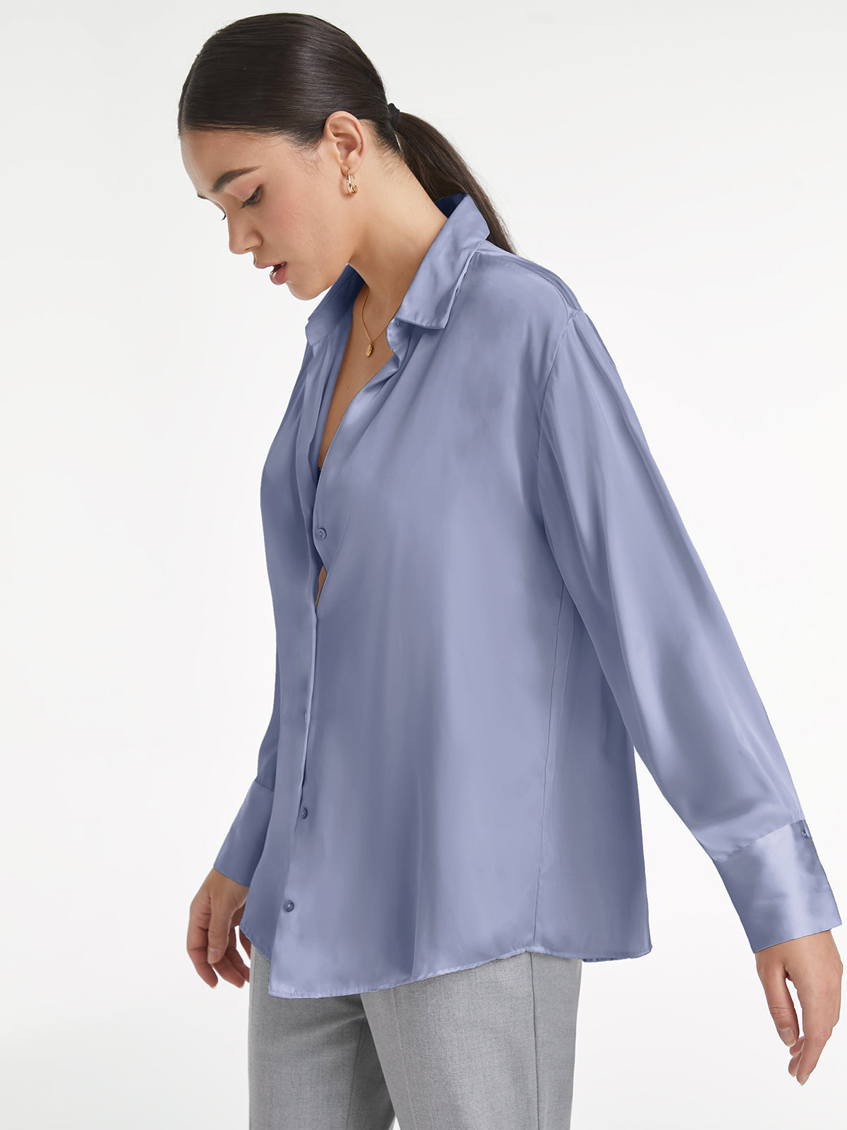 Thecomense - Relaxed Flowy Satin Button Up Shirt