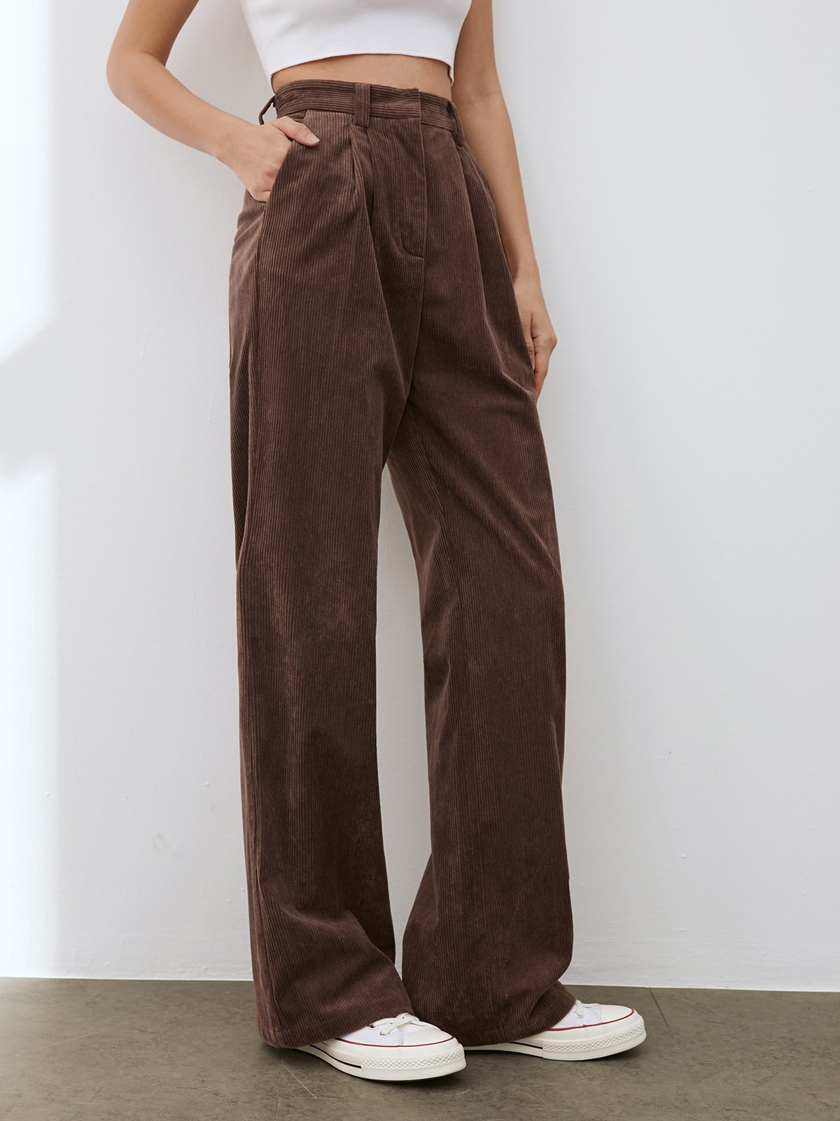 Thecomense - Wide Leg Pleated Corduroy Pants