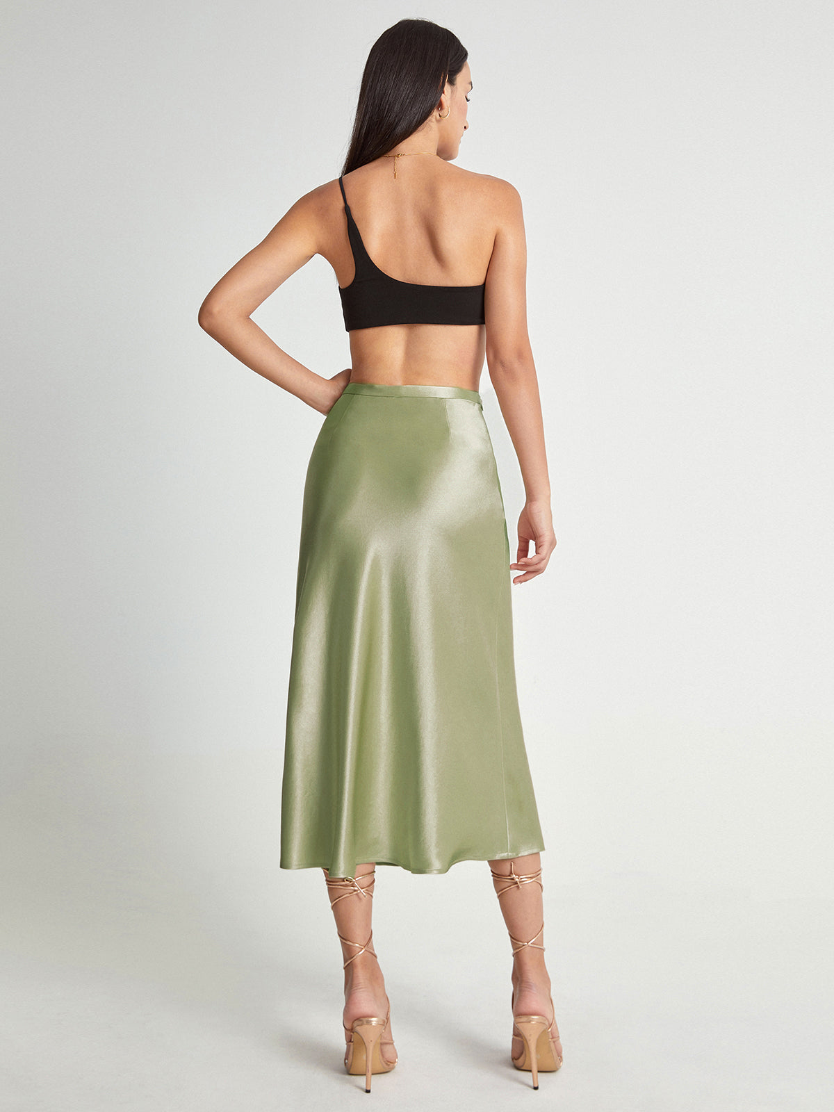 Thecomense - High Waisted Satin Flowy Midi Skirt