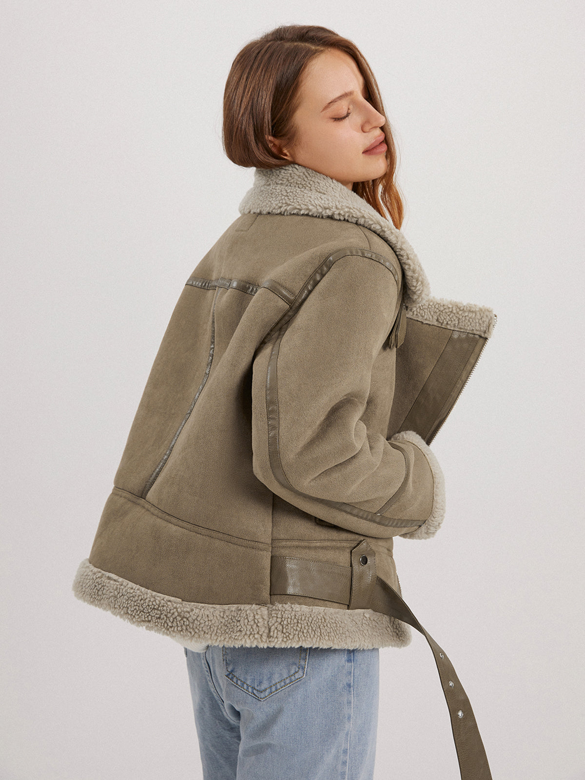 Thecomense - Teddybear Shearling Leather Flight Jacket