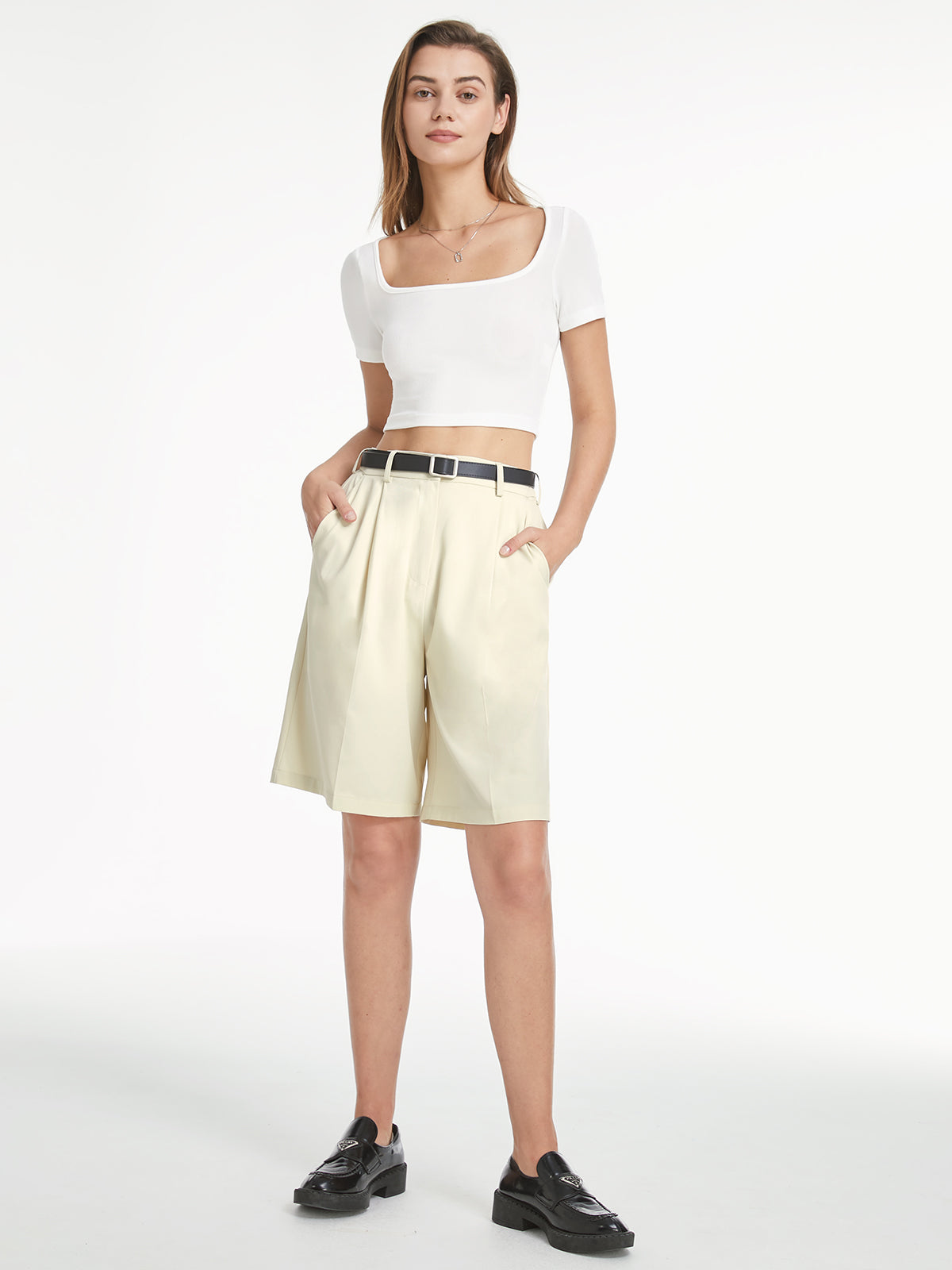 Thecomense - Square Neck Stretch Cropped T-Shirt