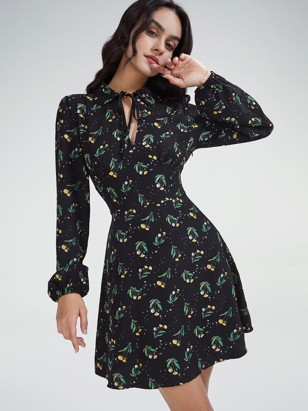 Thecomense - High Neck Keyhole Puff Sleeve Floral A Line Mini Dress