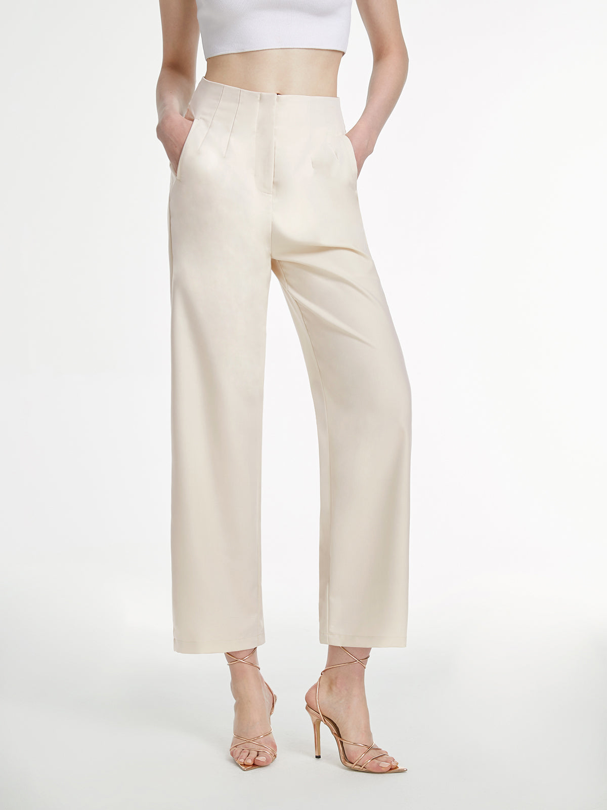 Thecomense - High Waisted Cropped Straight Leg Trousers