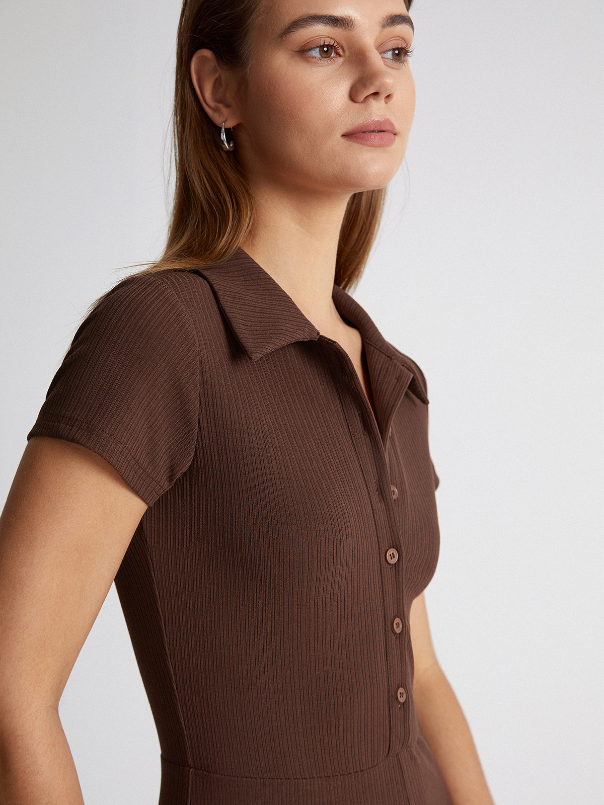 Thecomense - Short Sleeve Ribbed Button Front Collared Straight Leg Jumpsuit