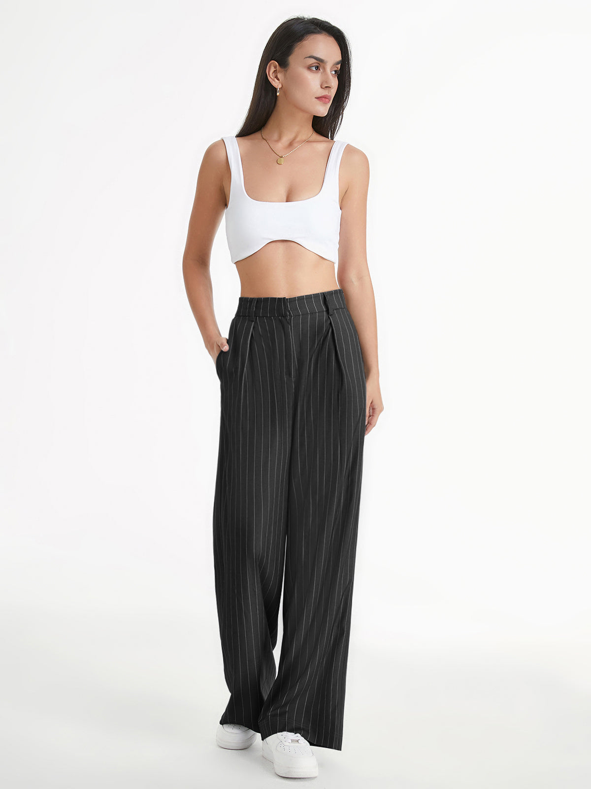 Thecomense - High Waisted 90s Pinstripe Pleat Front Wide Leg Trousers