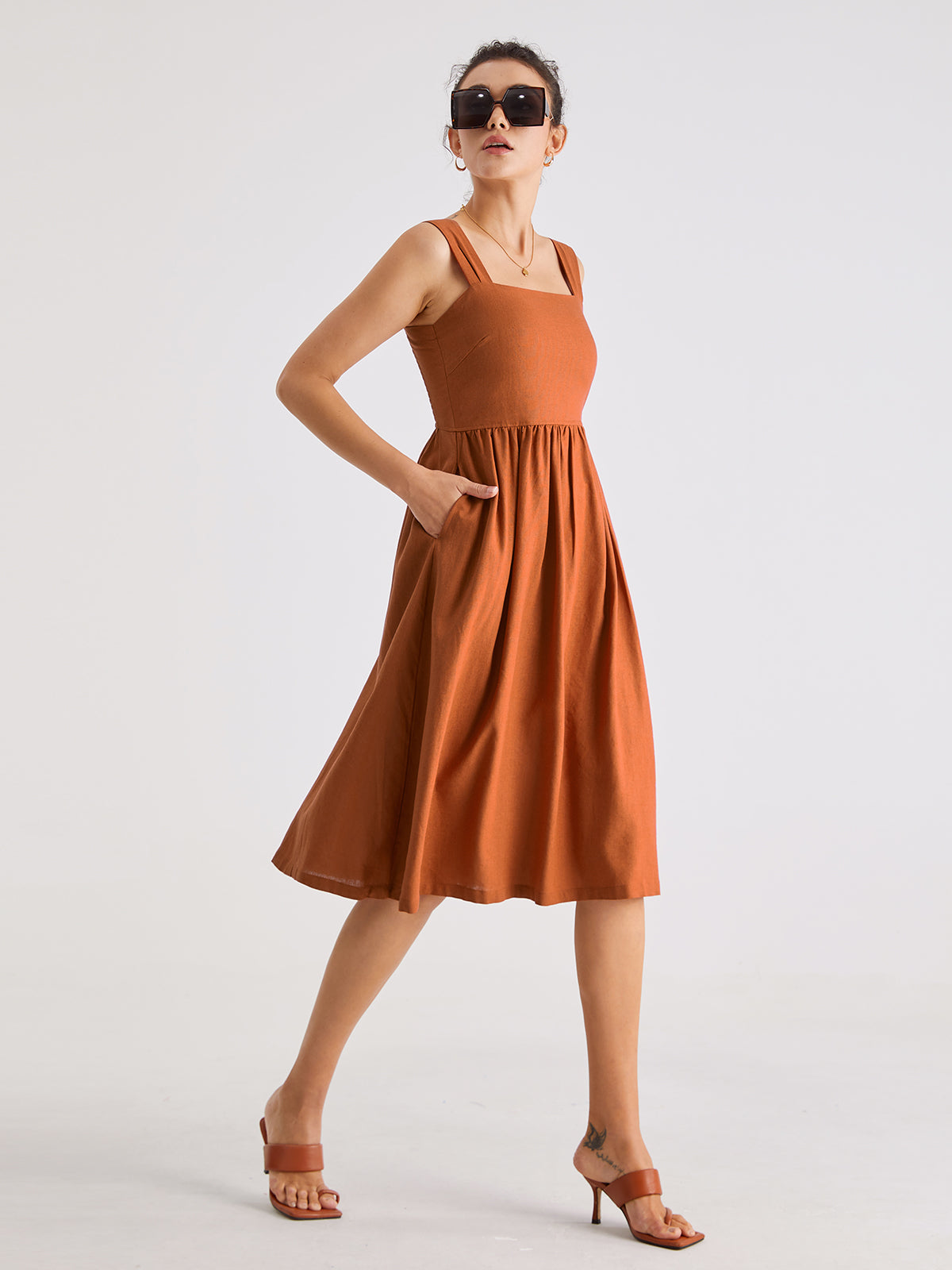 Thecomense - Square Neck A Line Pleat Strap Dress