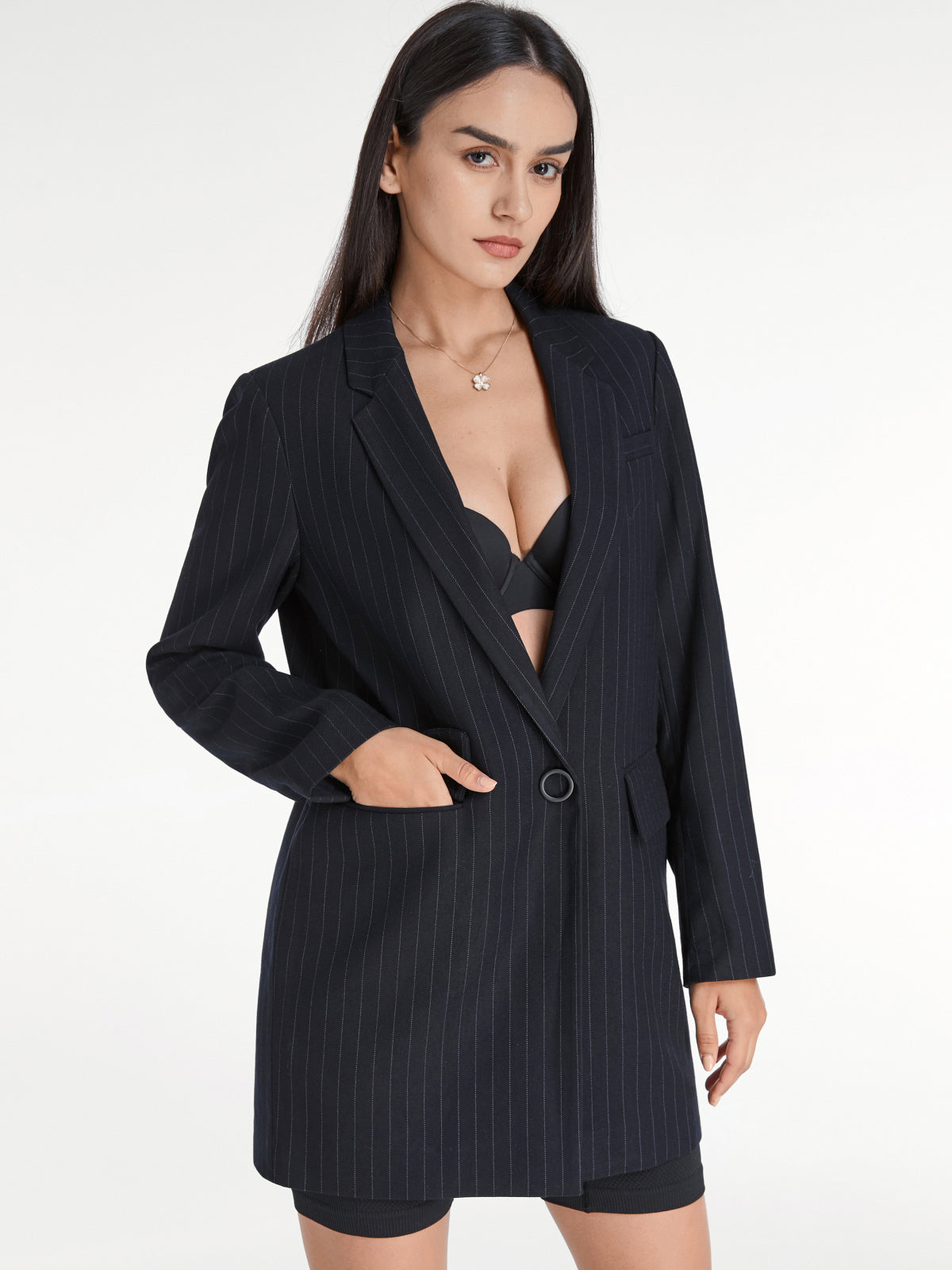Thecomense - Pinstripe Single Button Single Breasted Deep V Long Blazer