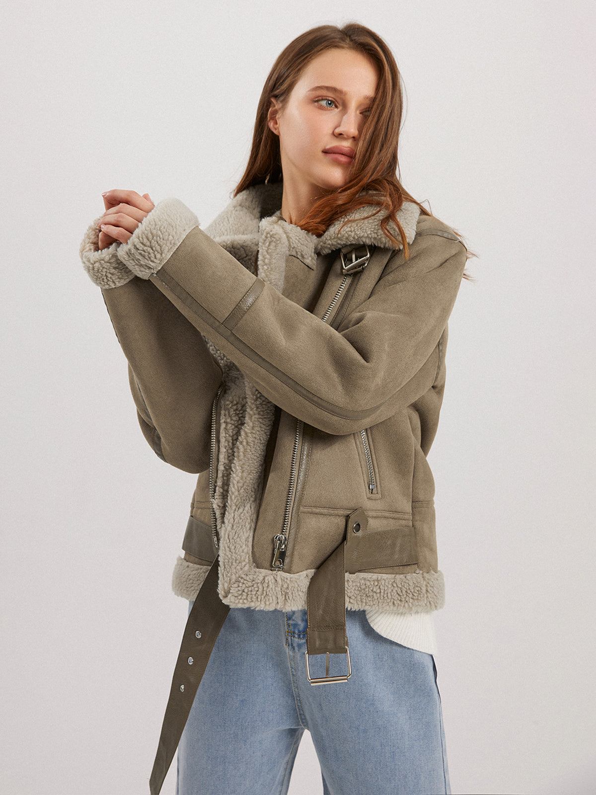 Thecomense - Teddybear Shearling Leather Flight Jacket