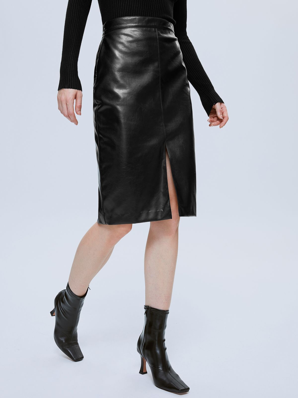 Thecomense - High-Waisted Midi Skirt with Center Slit