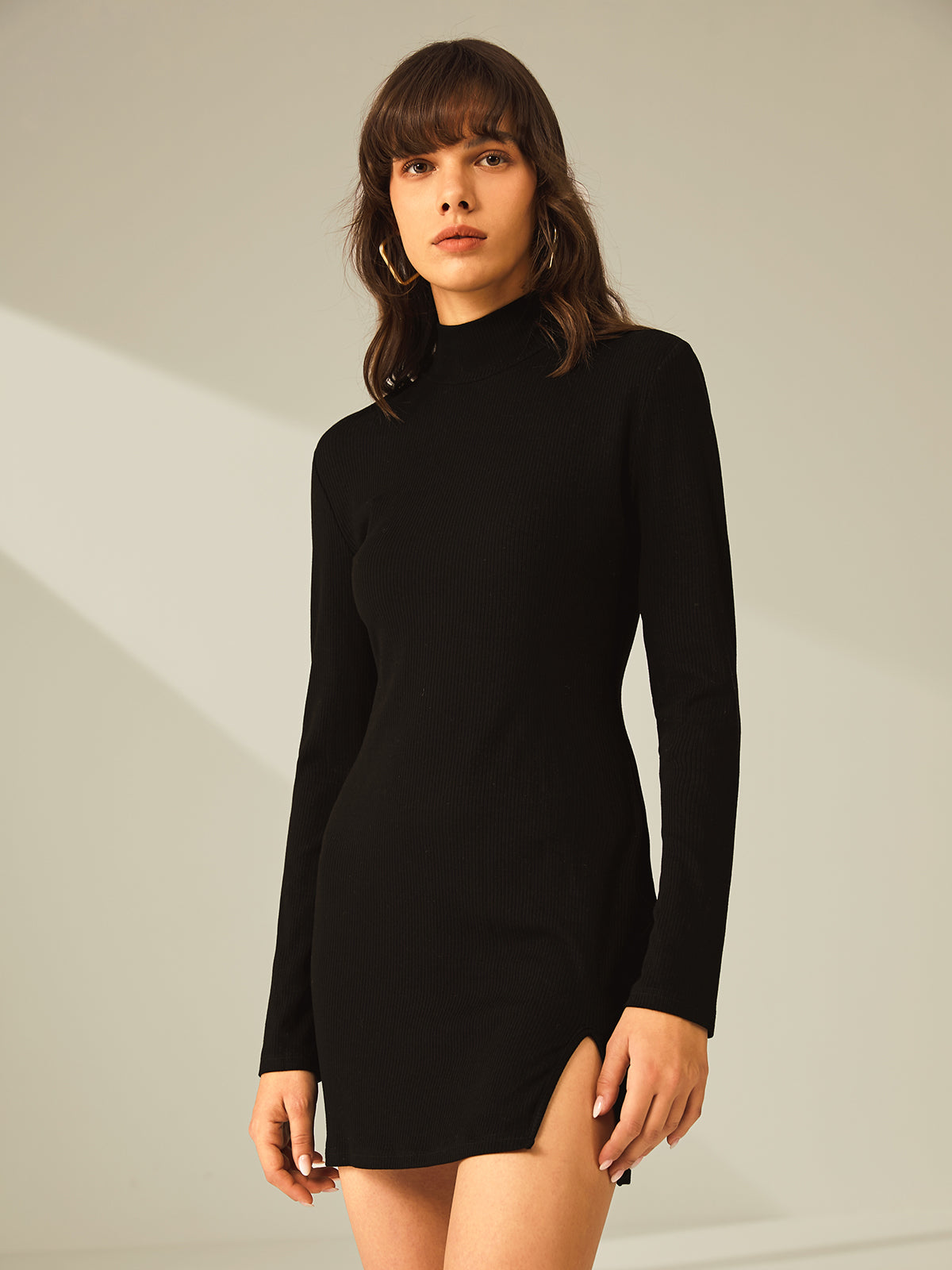 Thecomense - Turtleneck Long Sleeve Mini Dress with Slit and Ribbed Paneling