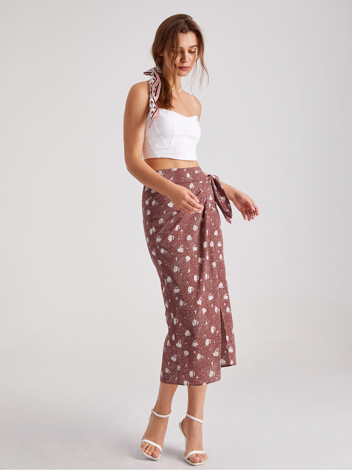 Thecomense - High Waisted Floral Belted Slit Wrap Skirt