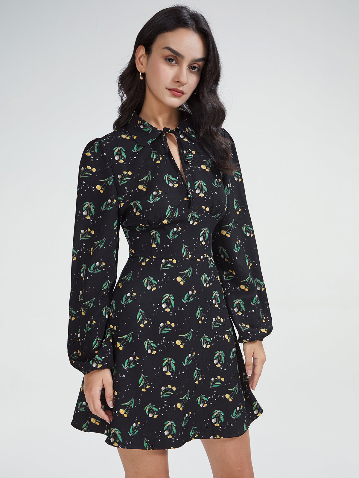 Thecomense - High Neck Keyhole Puff Sleeve Floral A Line Mini Dress
