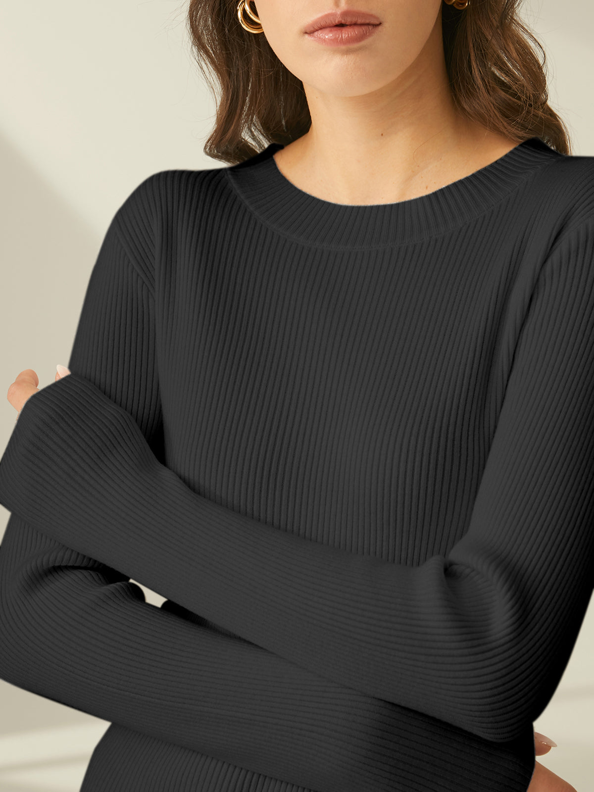 Thecomense - Ribbed Crewneck Sweater Dress
