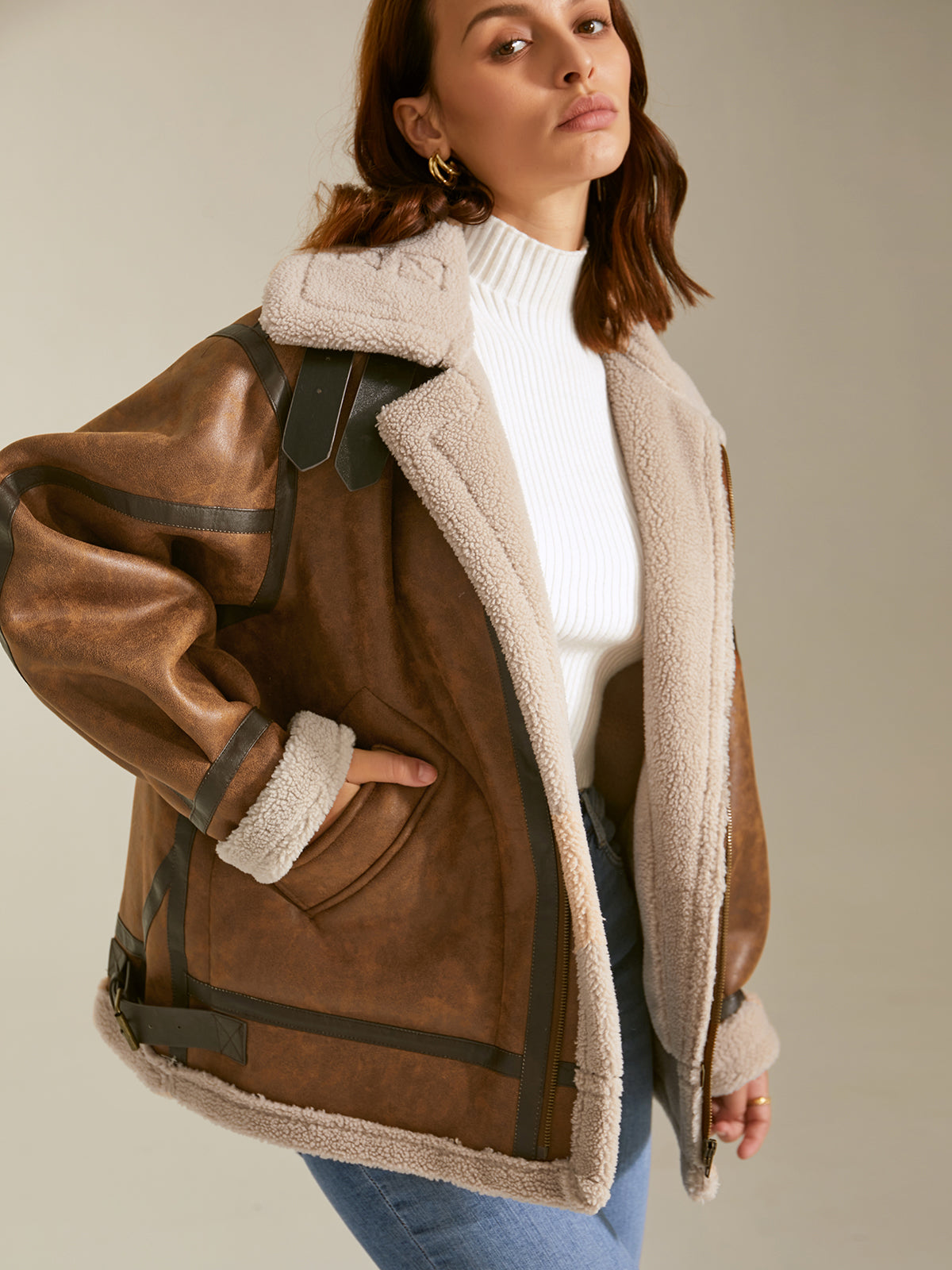 Thecomense - Sherpa Lined Suede Shearling Flight Jacket