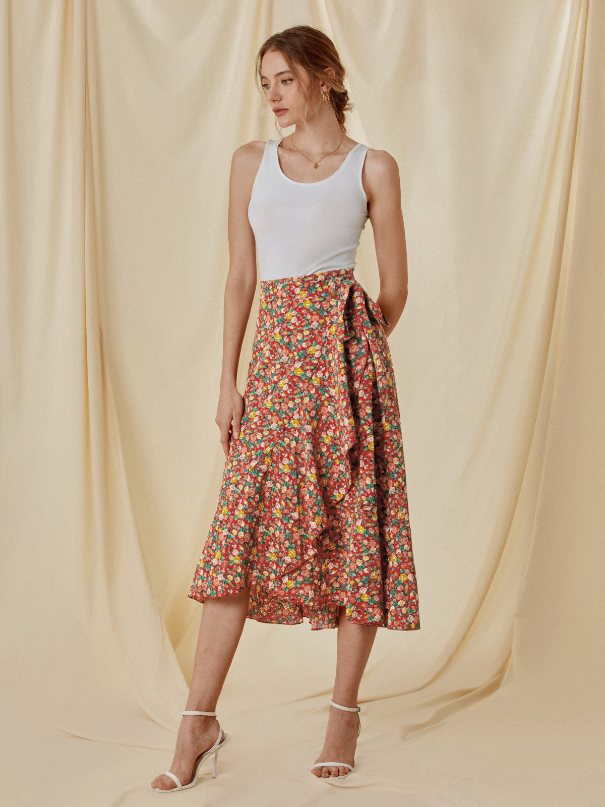 Thecomense - High Waisted Floral Ruffle Midi Skirt