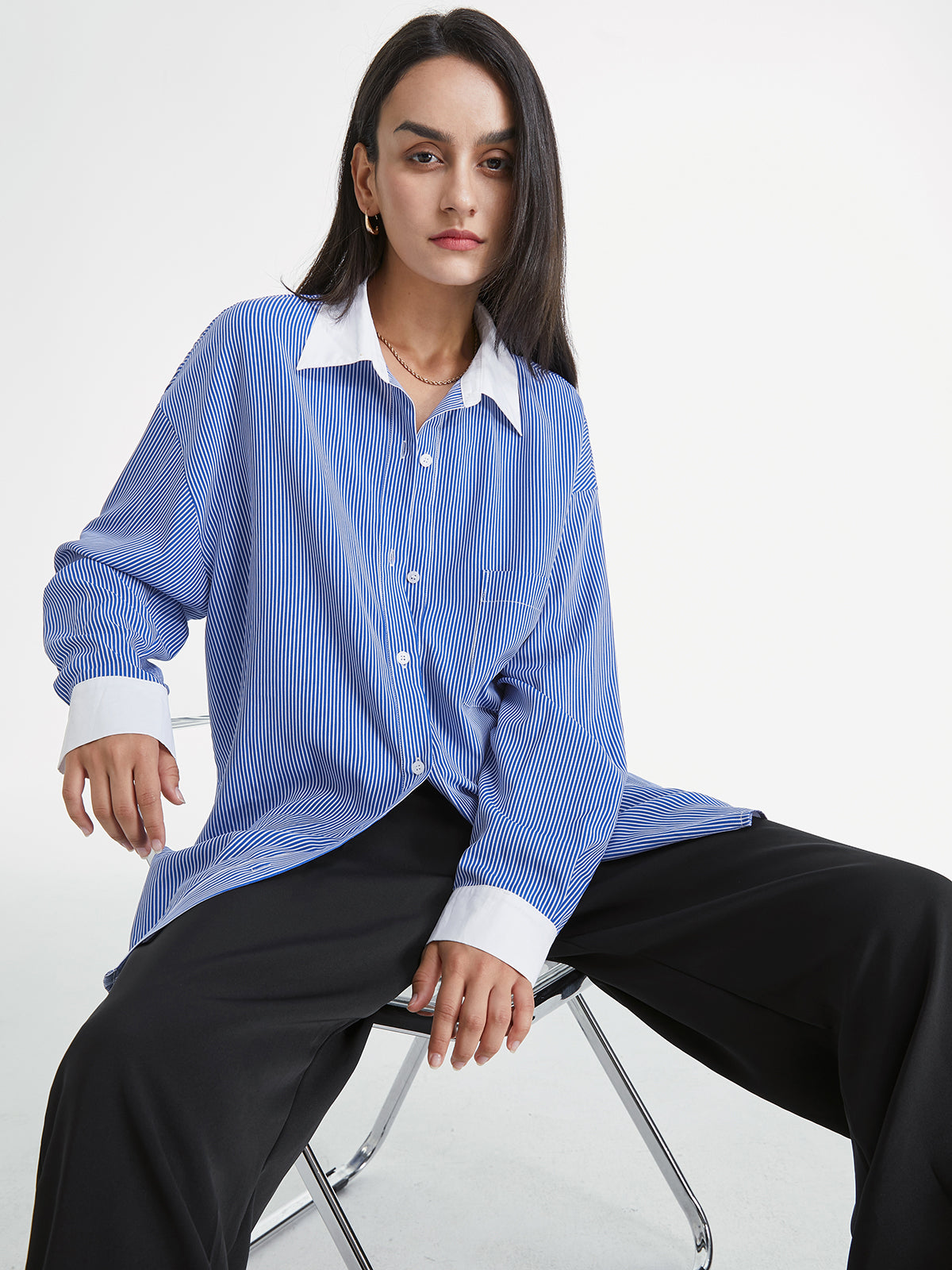 Thecomense - Striped Contrast Collar Cuff Oversized Dress Shirt