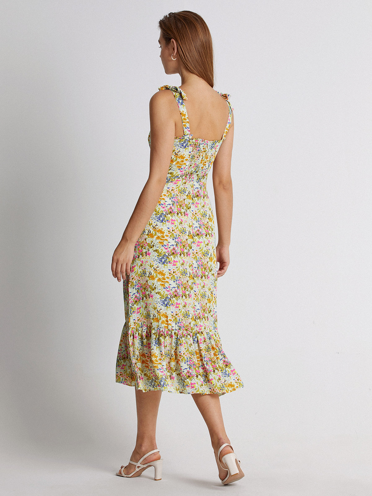 Thecomense - Sweetheart Floral Garden Ruffle Hem Midi Strap Dress