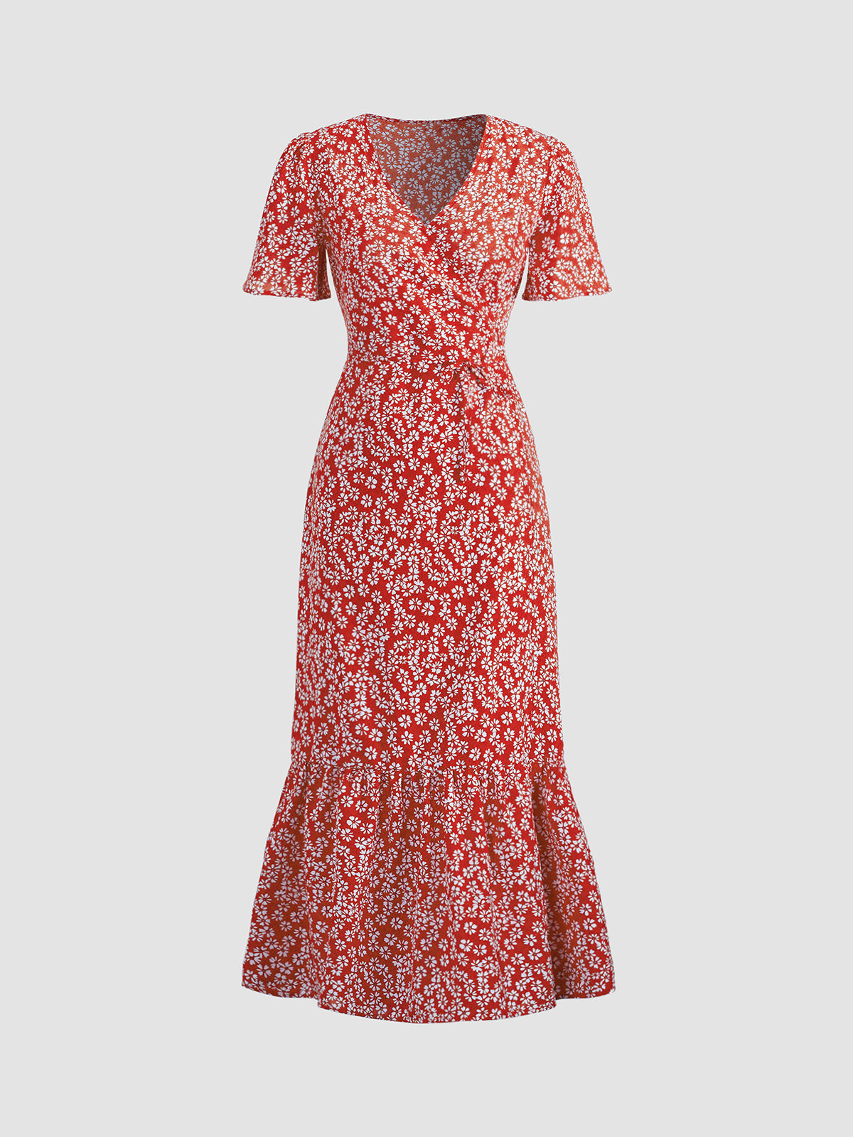 Thecomense - Ruby Daisies Floral Ruffle Hem Wrap Midi Dress