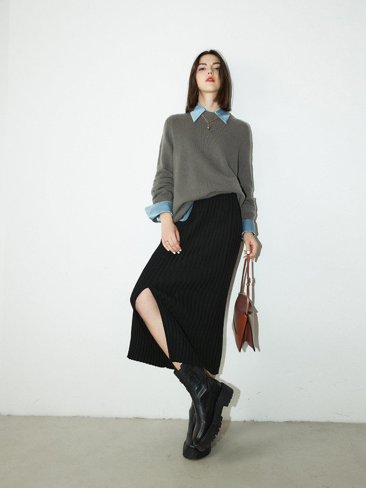 Thecomense - Ribbed Long Knitted Skirt with Slit