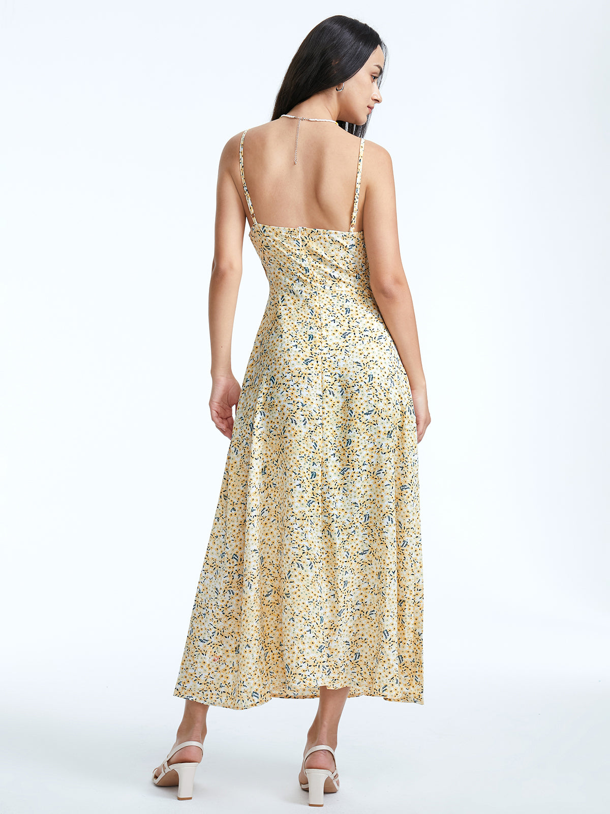 Thecomense - Tie Front Sweetheart Daisy Maxi Slit Strap Dress