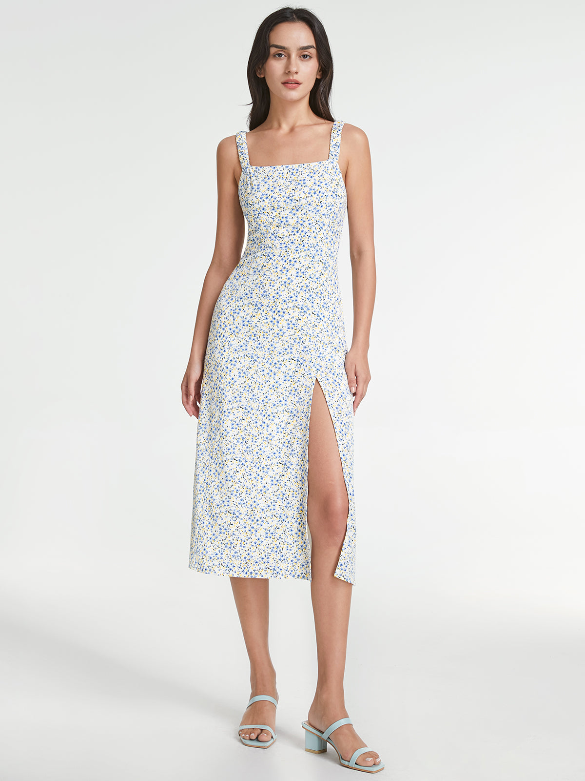 Thecomense - Square Neck Mosaic Floral Slit Strap Dress
