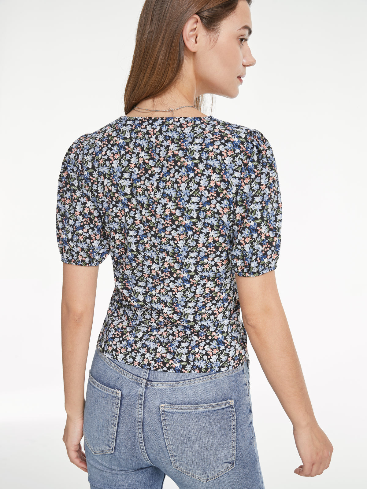 Thecomense - Short Puff Sleeve V Neck Multi Floral Top