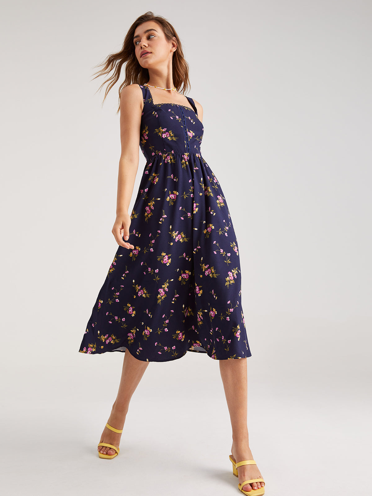 Thecomense - Floral Front Hook-and-Eye Zip Up Square Neck Midi Dress