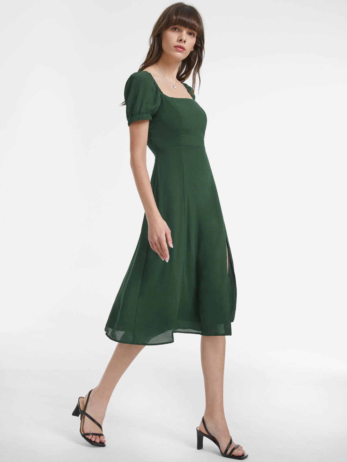 Thecomense - Gathered Dreams Emerald Green Slit Midi Dress