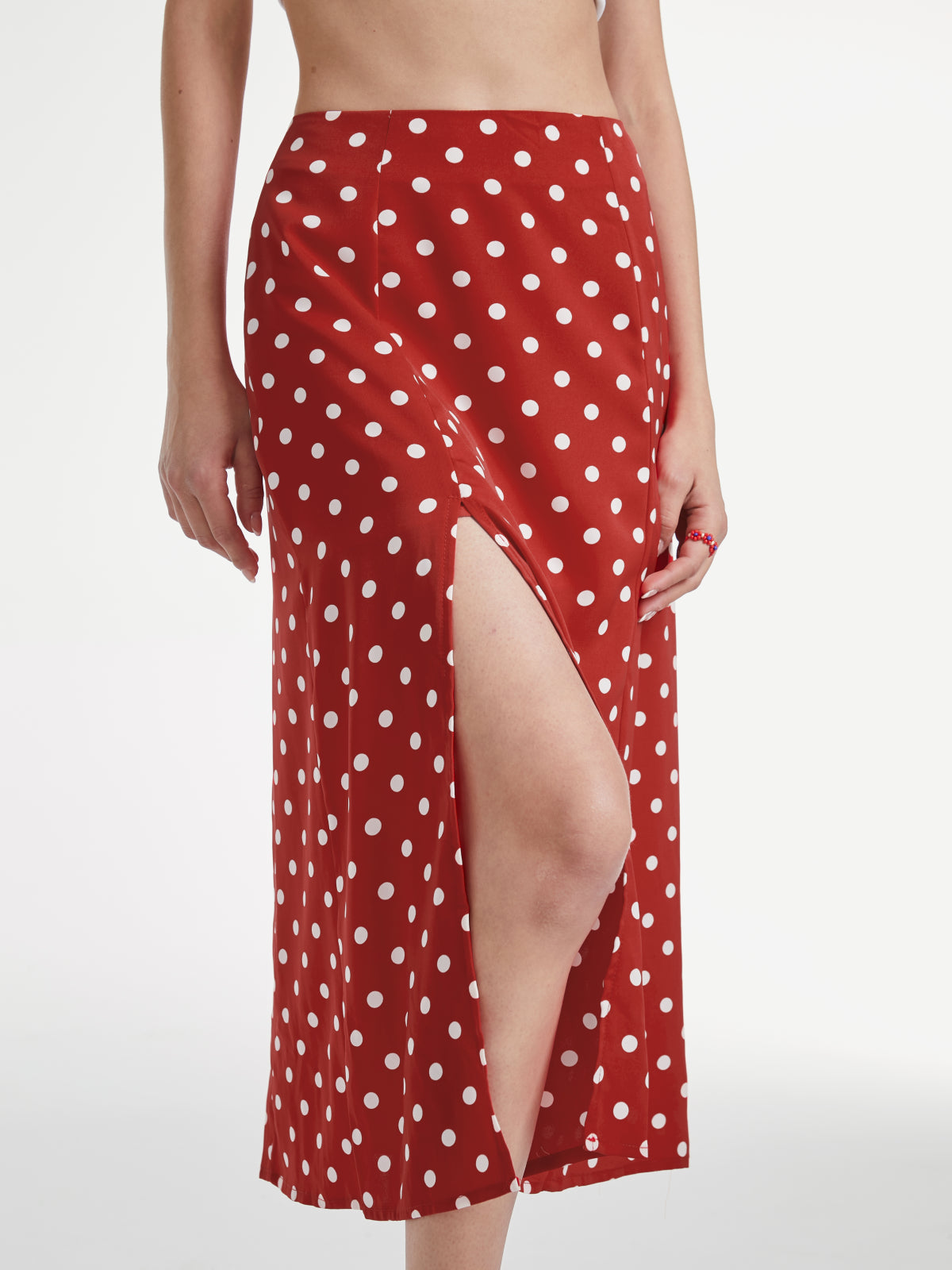 Thecomense - High Waisted Polka Dot Slit Midi Skirt