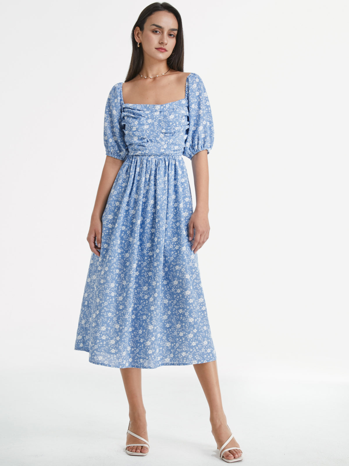 Thecomense - Square Neck Short Puff Sleeve Floral Cloud Midi A Line Dress