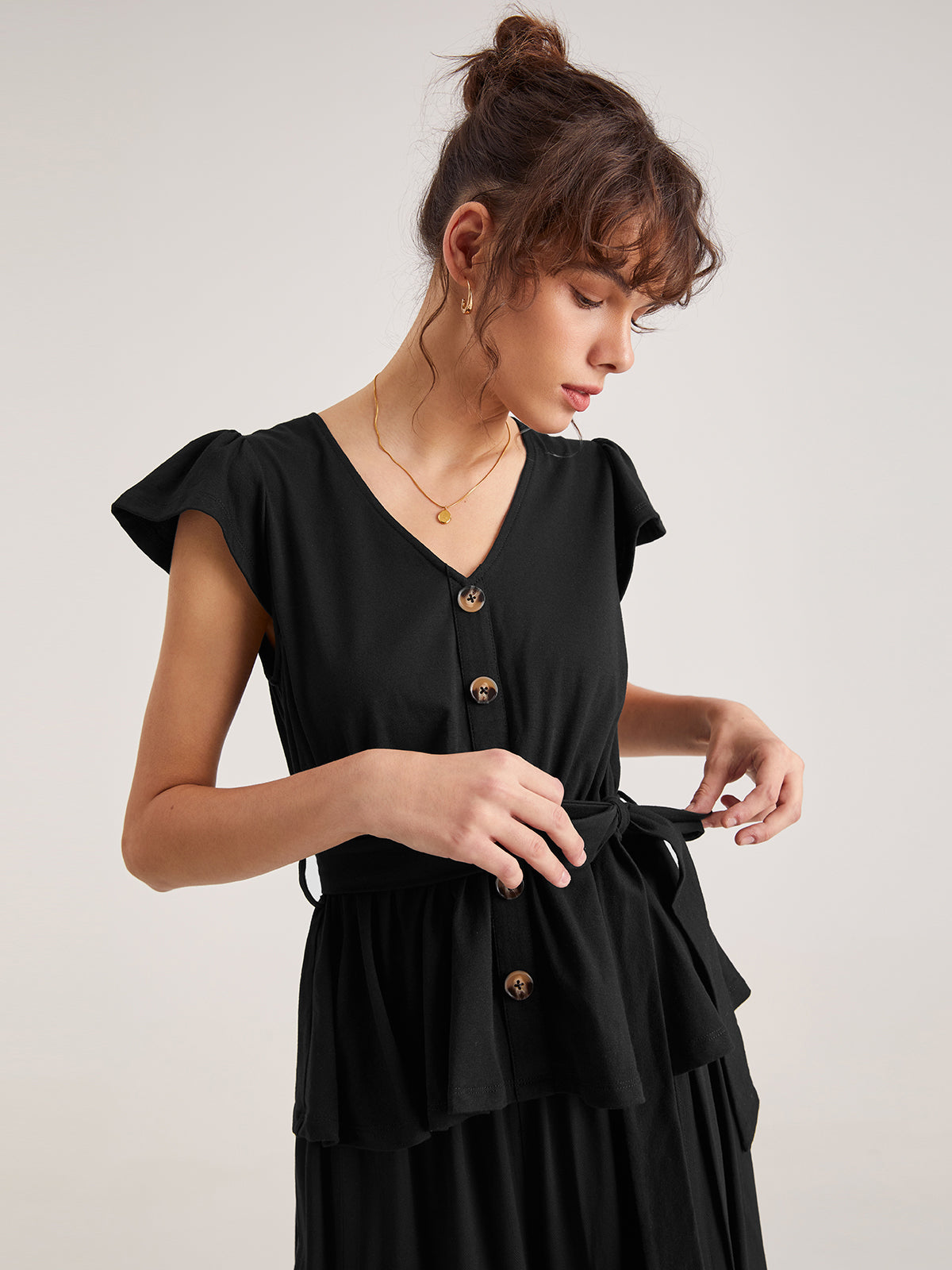 Thecomense - Cap Sleeve Plain Button V Neck Top